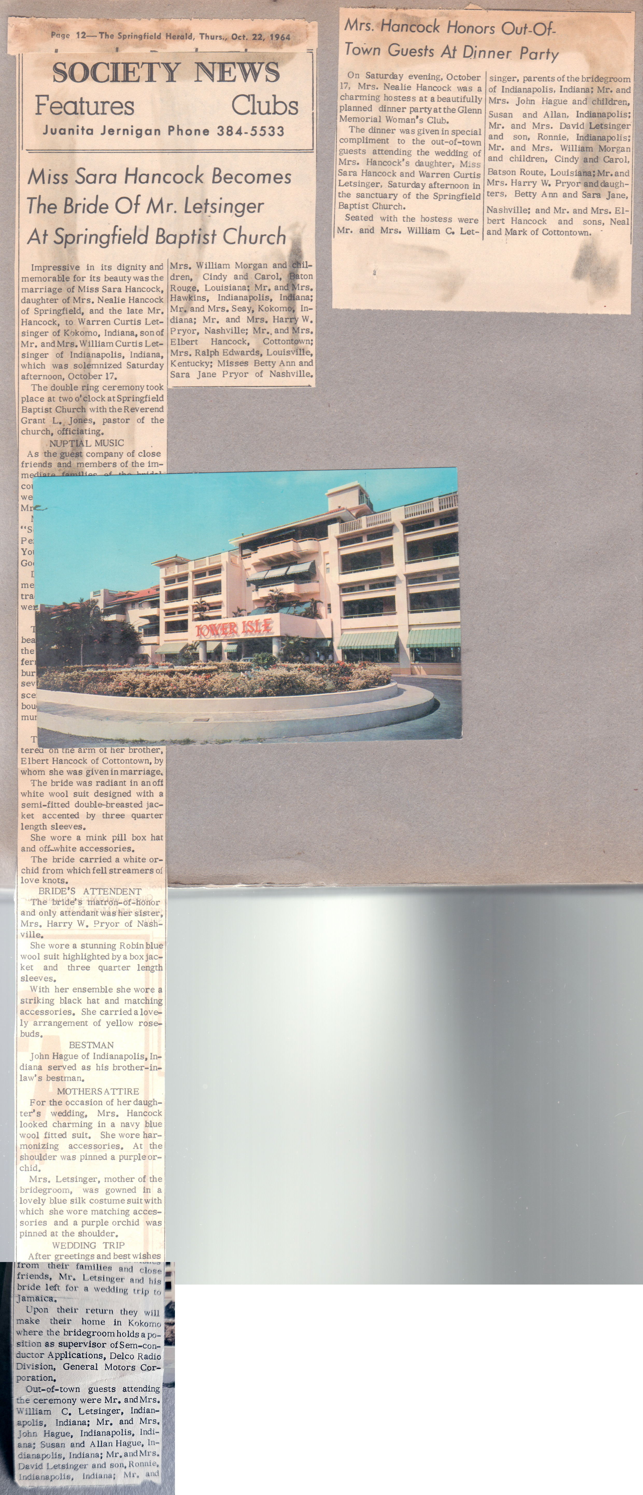 Springfield, Tenn. Sara and Warren's wedding - newspaper clippings. Postcard D61 13116-B - Tower Isle Hotel - Ocho Rio - Jamaica - to Susan from Warren and Sara.
