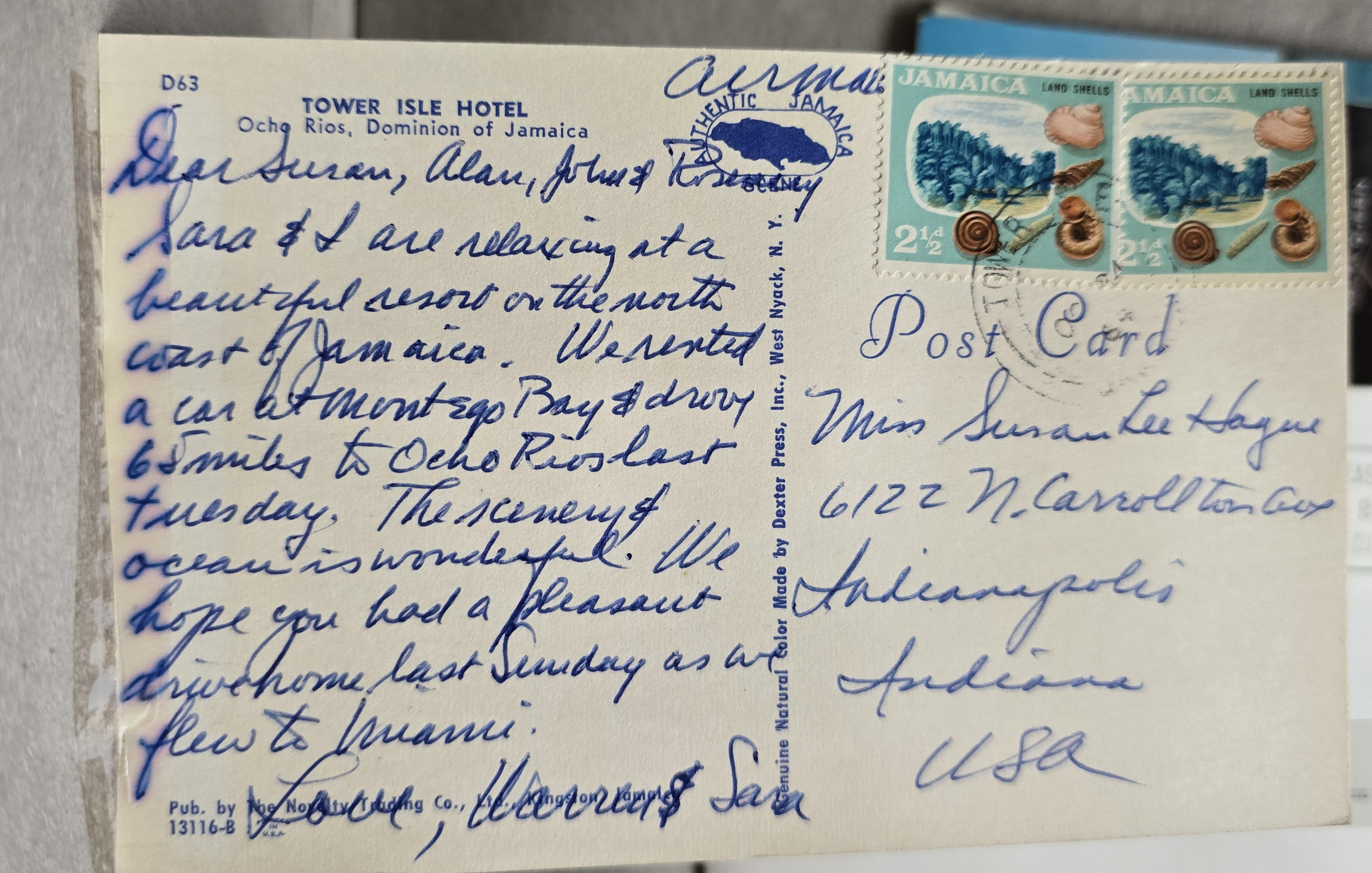 Postcard back D61 13116-B - Tower Isle Hotel - Ocho Rio - Jamaica - to Susan from Warren and Sara
