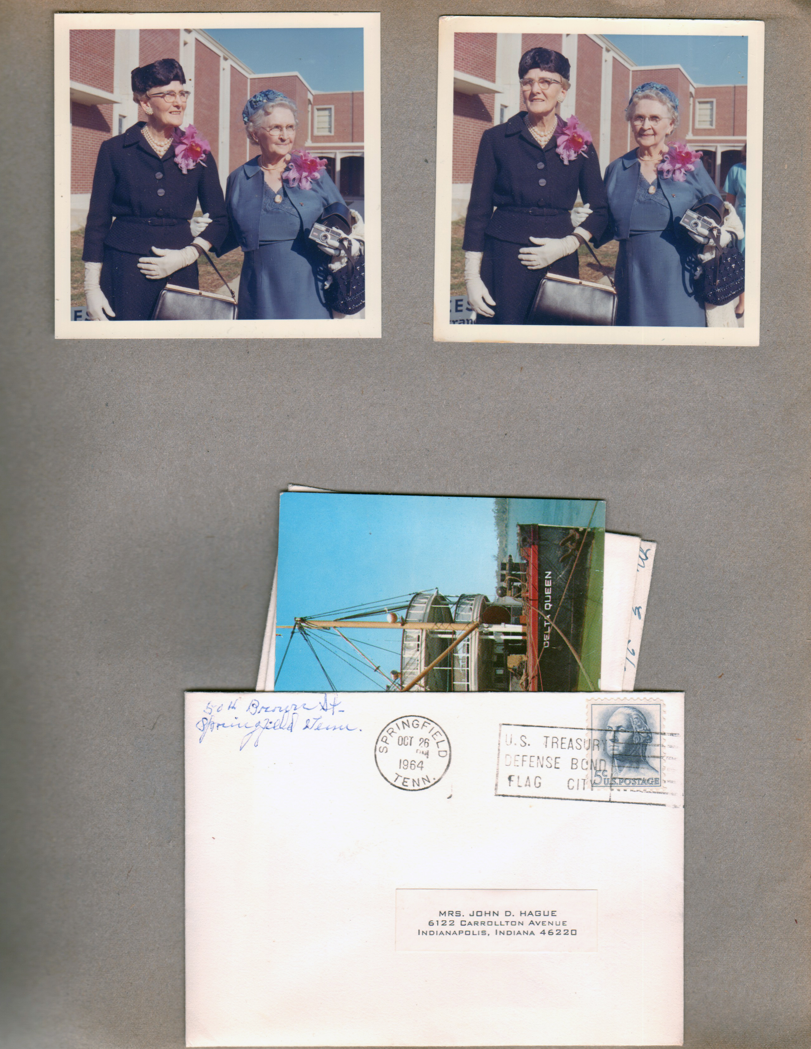 Springfield, Tenn. Sara and Warren's wedding - probably Sara's mother and Vonnie outside church. envelope of letters and postcard