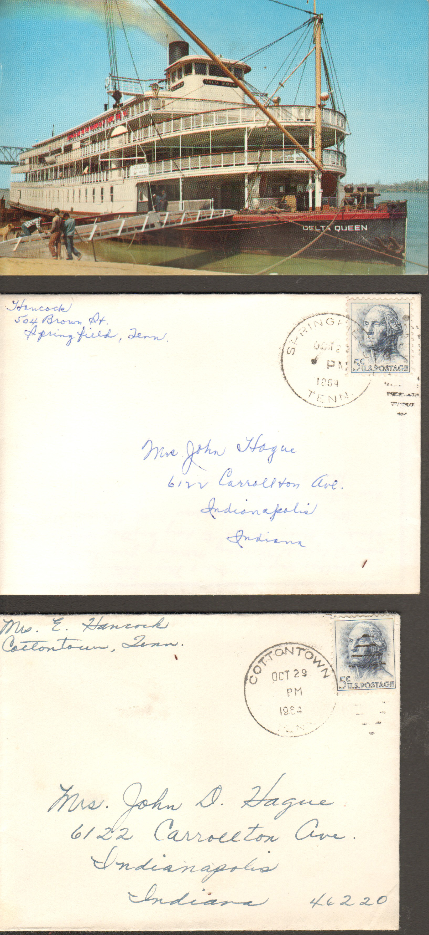 Postcard DS-611 - Delta Queen to Alan from Vonnie. Letters from Mildred and Sue, Elbert, Mark and Neal.
