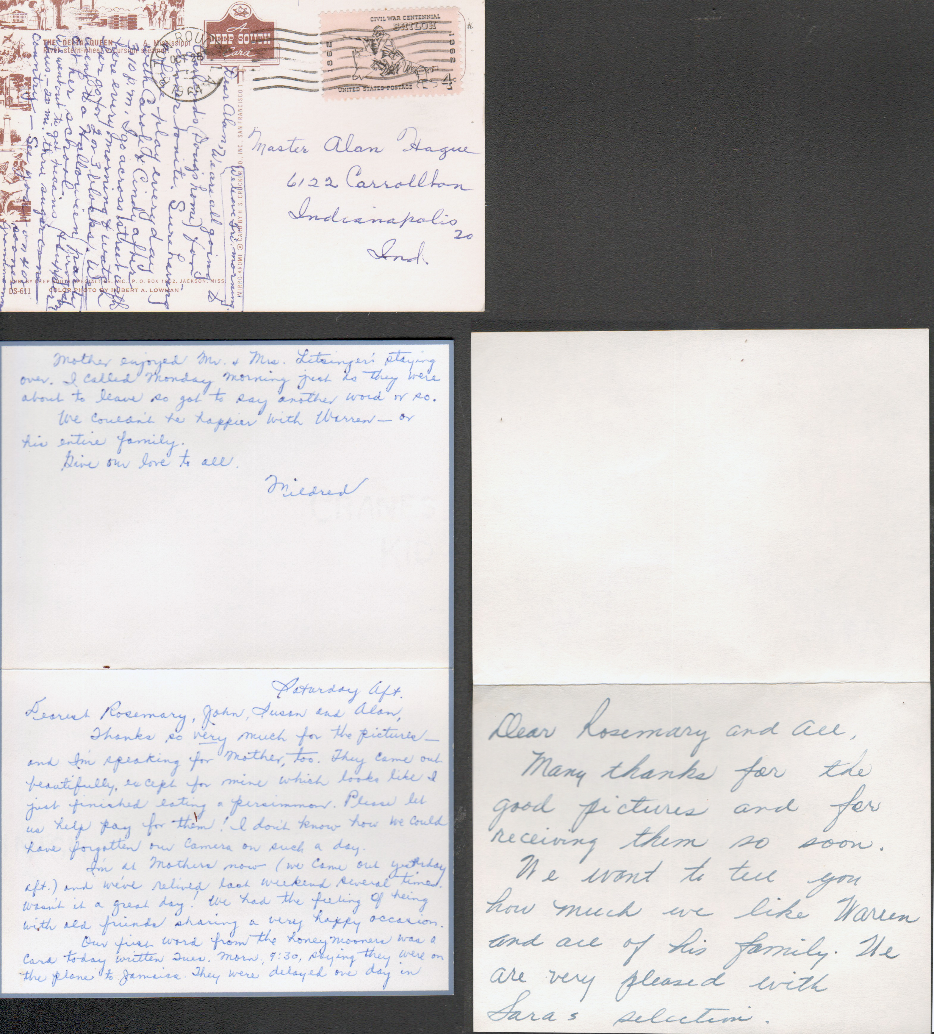 Postcard back DS-611 - Delta Queen to Alan from Vonnie. Letters from Mildred and Sue, Elbert, Mark and Neal.