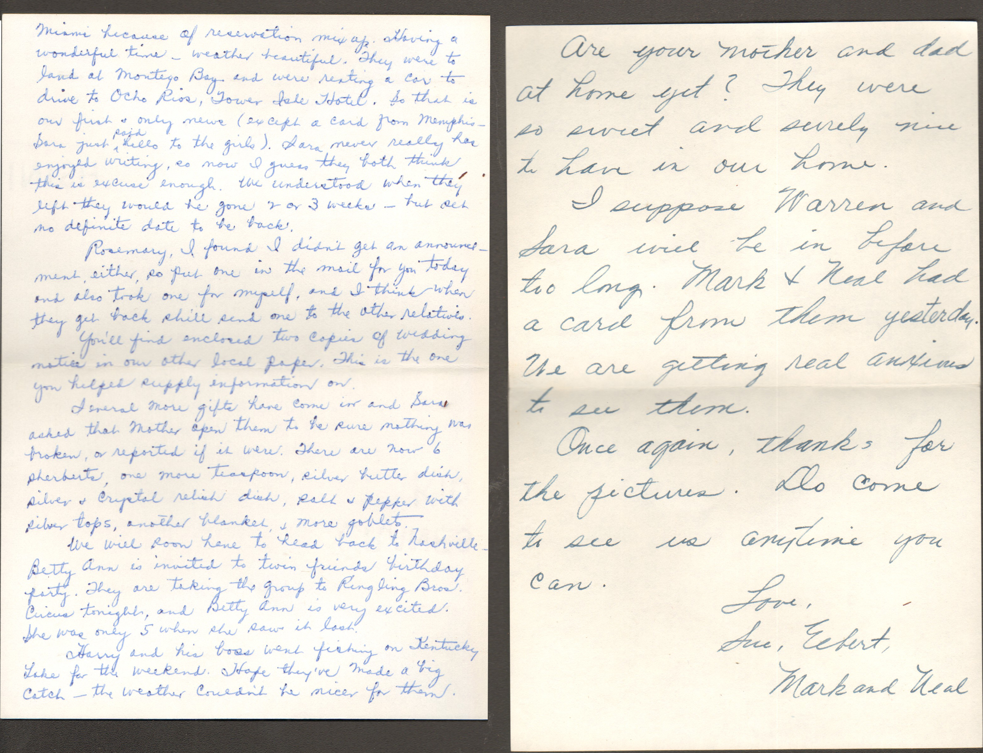 Letters from Mildred and Sue, Elbert, Mark and Neal.