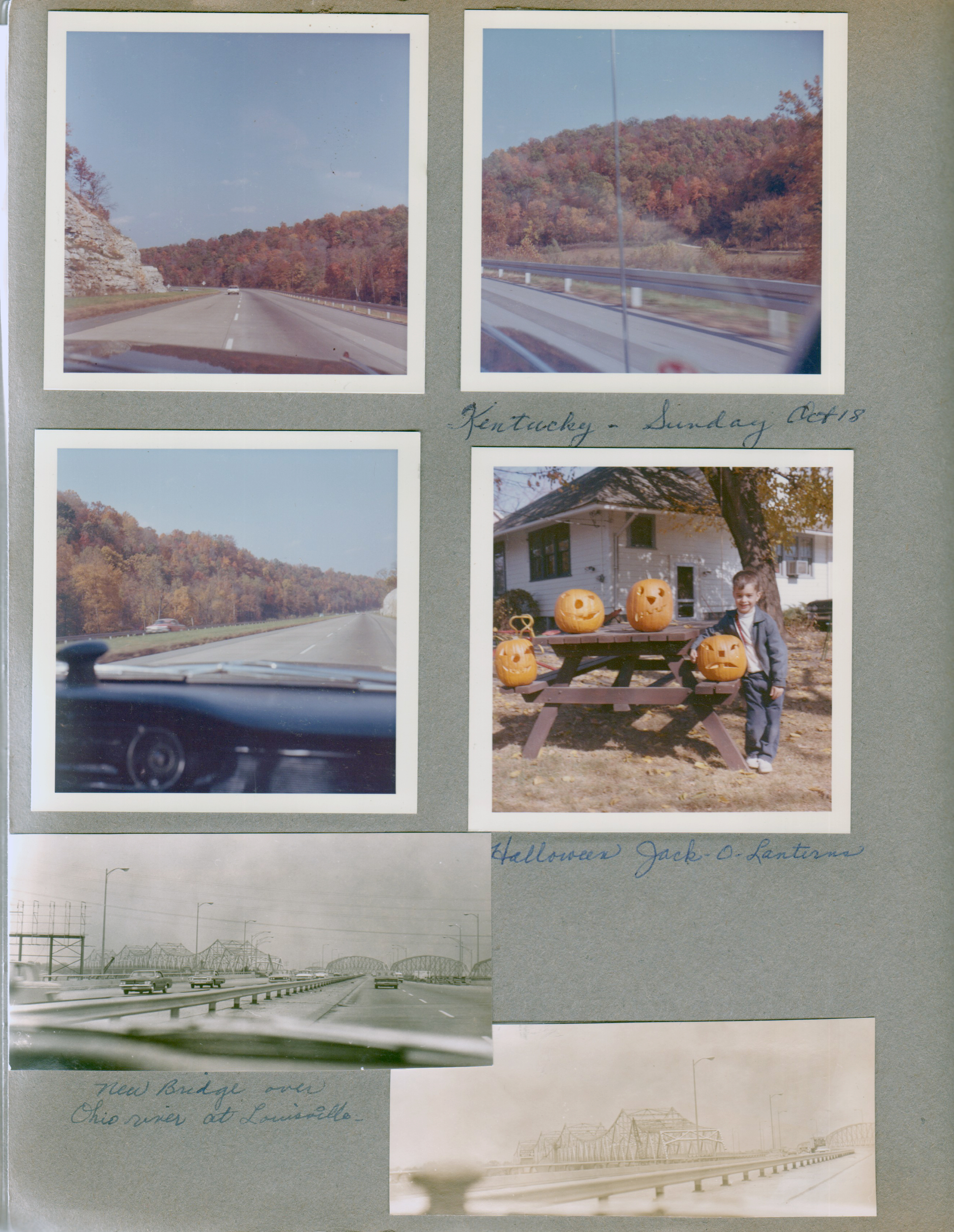 driving back home - Kentucky road fall trees. 6122 back yard picnic table - Alan and jack-o-lanterns. New bridge over Ohio river at Louisville.