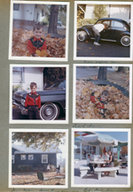 6122 yard - Alan in leaves. Susan with VW Beetle. Alan and Cadillac. Susie Tuck and Susan handstands by Snodgrass house. Alan, Susie Tuck, Susan and Rosemary at Biff-Burger drive in at 5651 N Keystone.