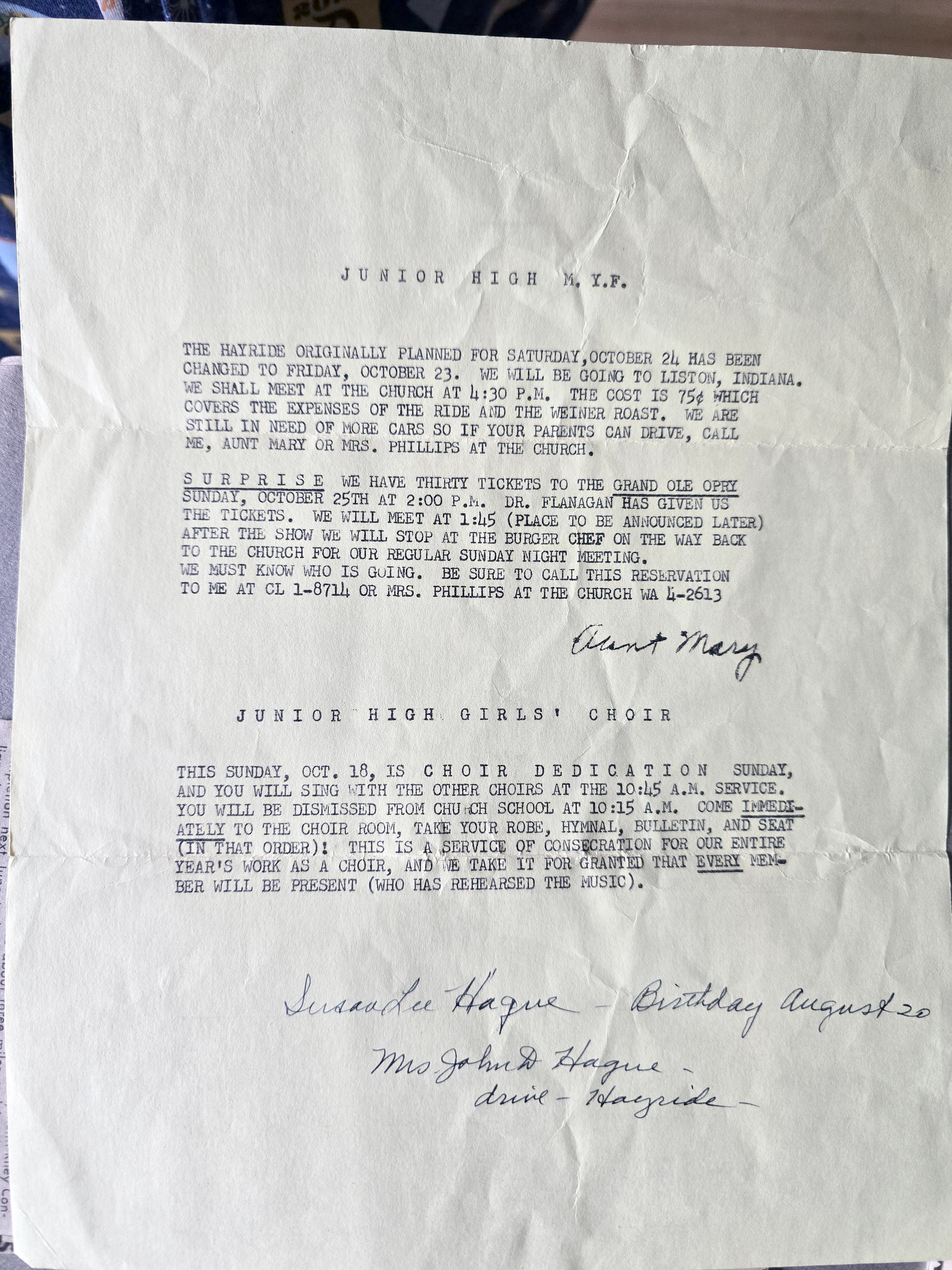 Junior High M.Y.F. hayride letter