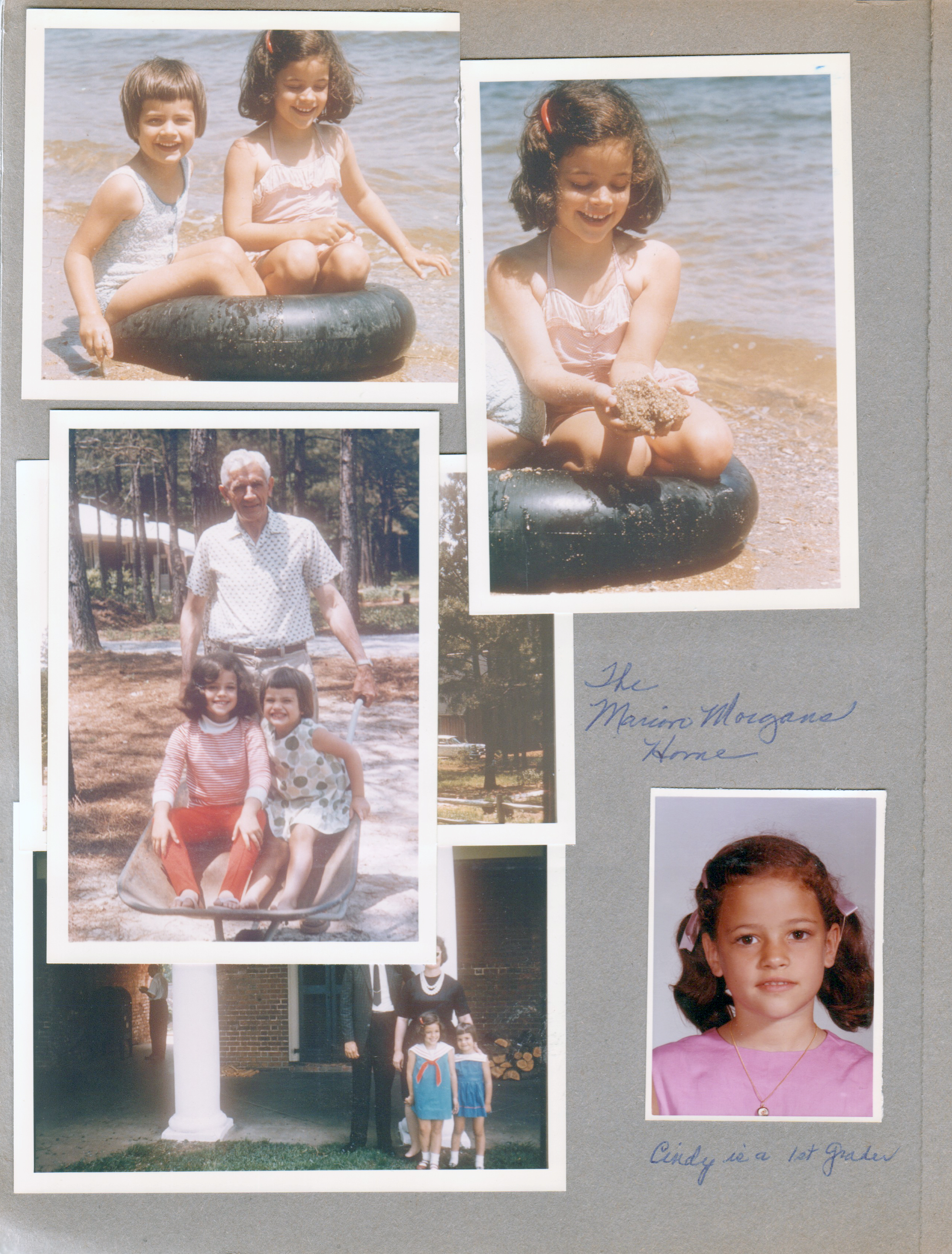 pictures from The Morgans - Carole and Cindy in inner tube. with Mink. Helen and Bill. Cindy in 1st grade.