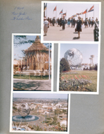 New York Worlds Fair 1964 - Rosemary with flags. Temple. Unisphere and Observation Towers.