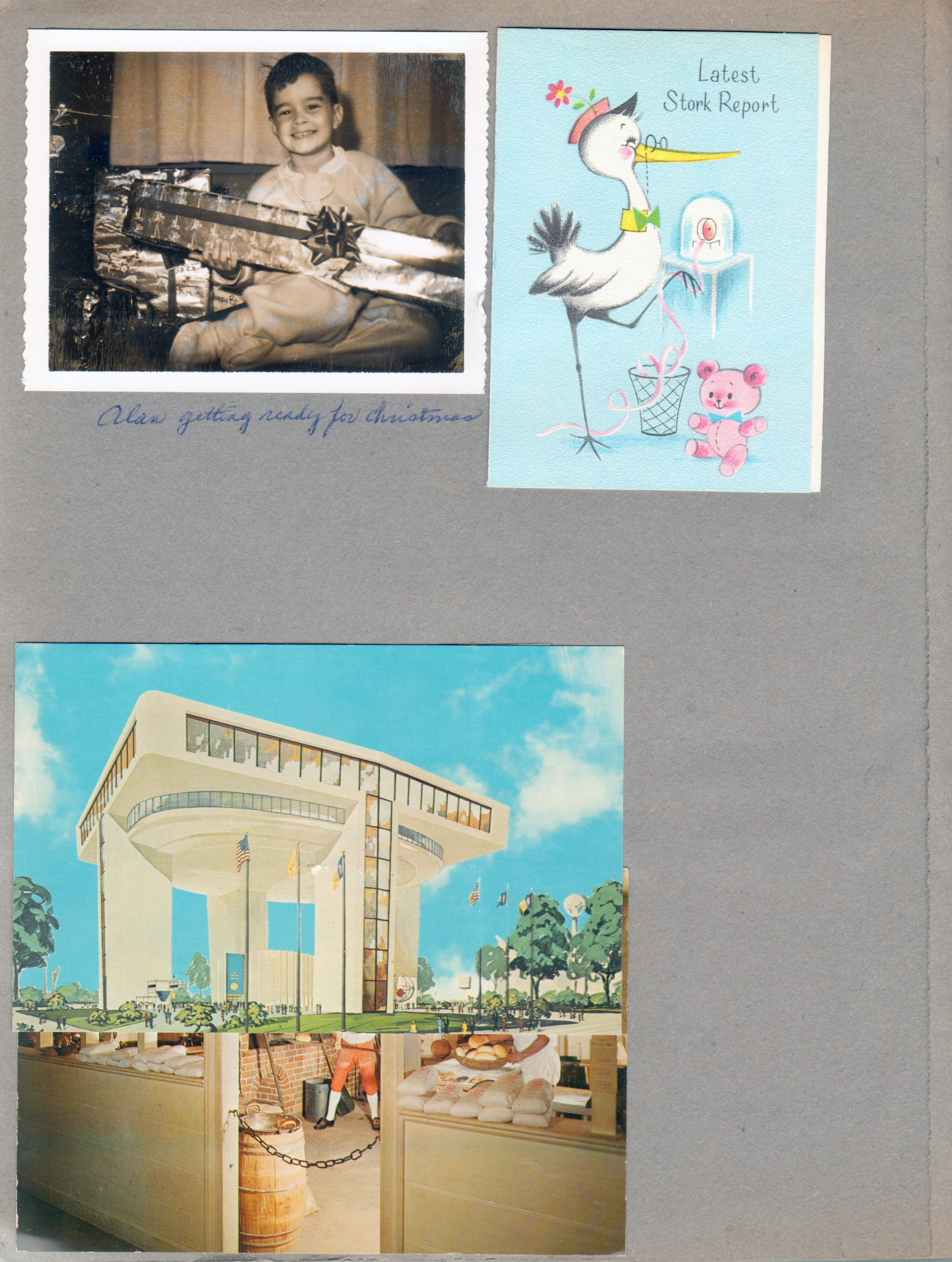 Alan with Christmas present. Birth announcement. Postcard 72587-B - The Port of New York Authority. Postcard 9759 - Raleigh Bake Shop - Williamsburg, VA.