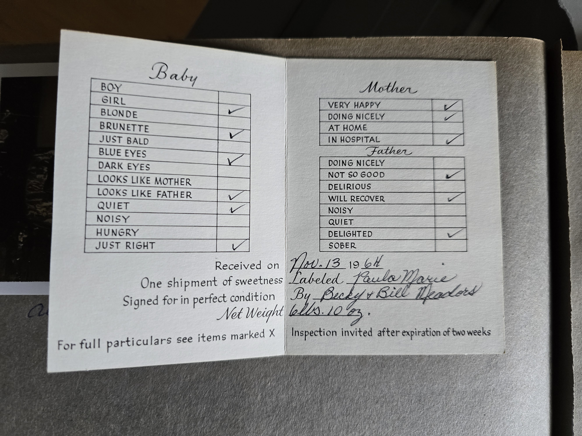 Birth announcement - Becky and Bill Meadors - Paula