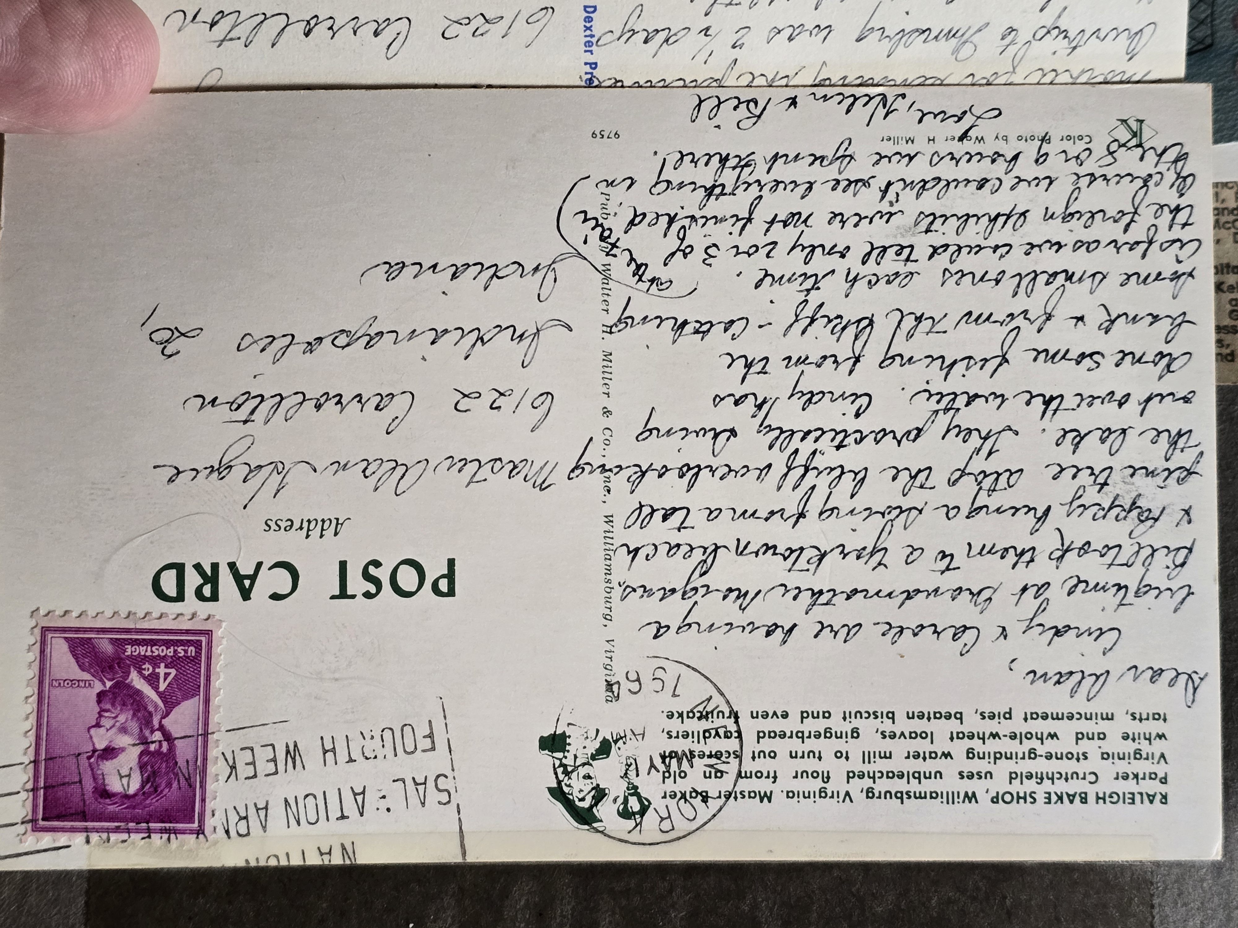 Postcard back 9759 - Raleigh Bake Shop - Williamsburg, VA