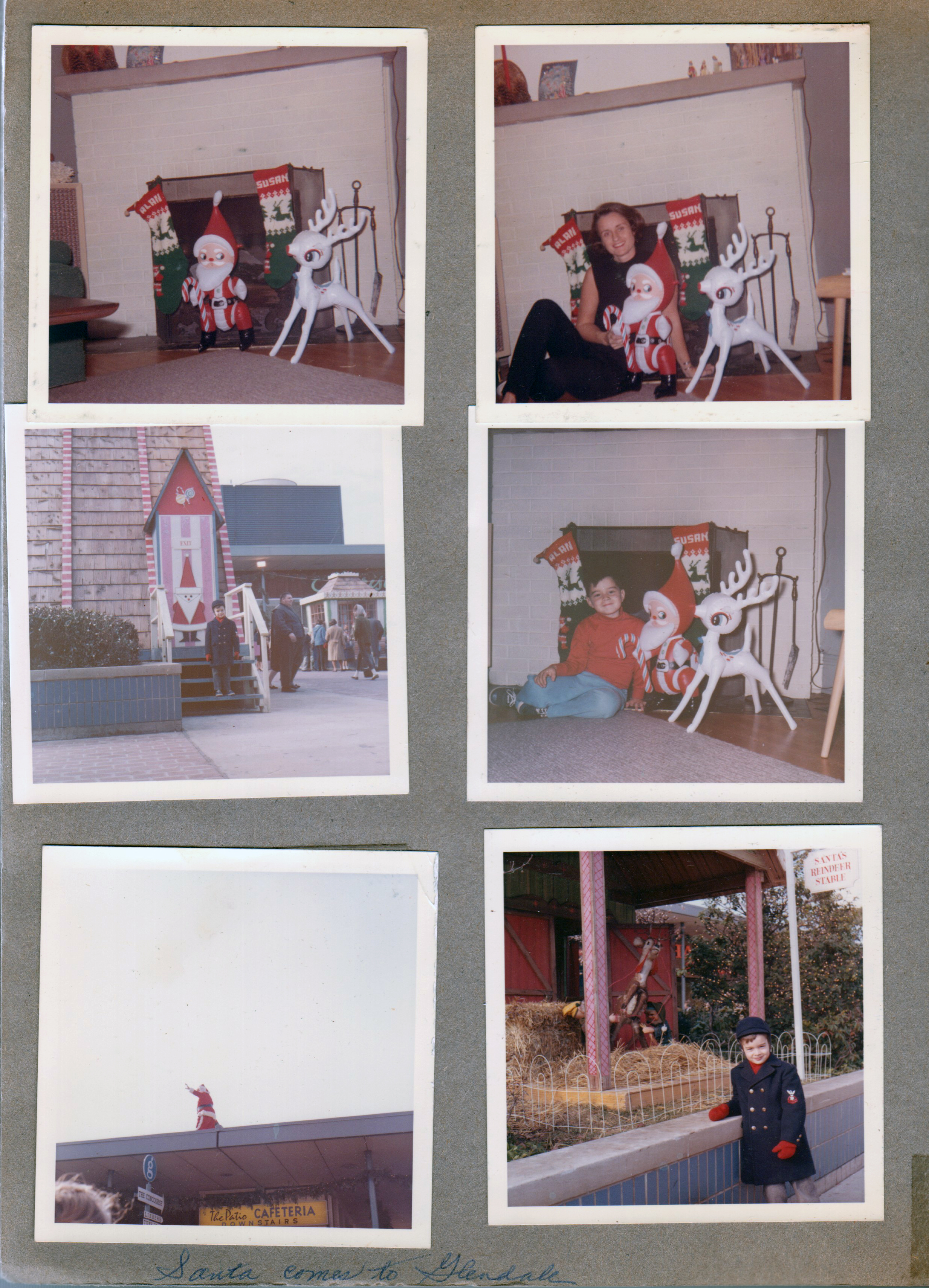 6122 Christmas by fireplace - inflatable Santa ans Rudolph. Rosemary. Alan. Glendale Santa Village - Alan. Santa on Glendale Mall roof.