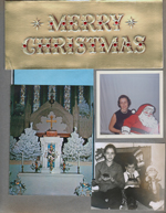 Christmas Cards - The Hagues and North United Methodist Church. Rosemary with cardboard Santa. Susan and Alan at fireplace with puppies.