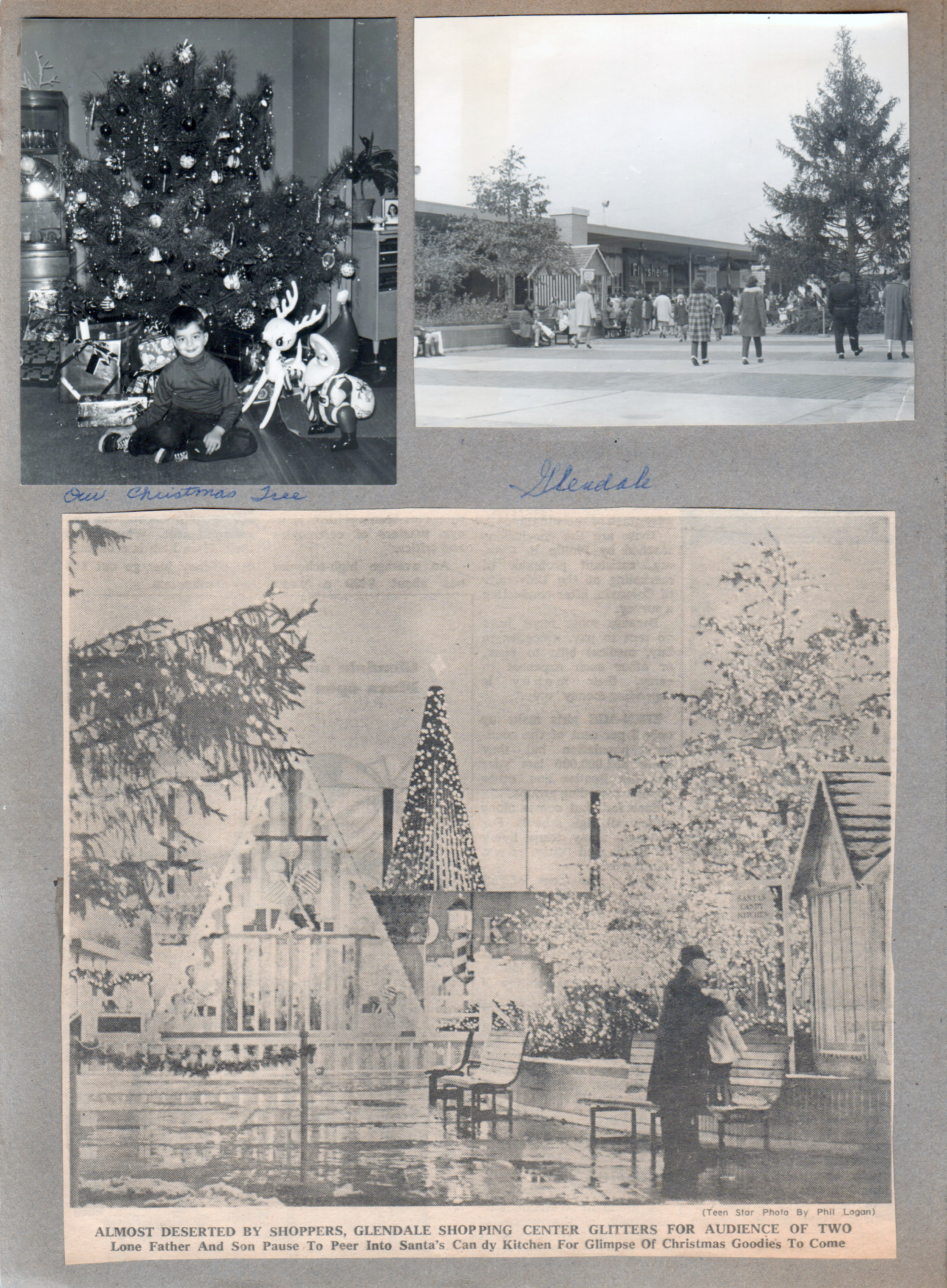 6122 dining room Christmas tree - Alan. Glendale Mall Santa Village and newspaper clipping