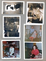 Princess and puppies. 6122 kitchen - Polaroids - Susan and Alan with puppies. 8815 Haverstick - Pat, unknown man, Mary, Alan. Alan opening Christmas gift 6122 living room - gloves, Allan doll and cigarettes! Susan opened a purse.