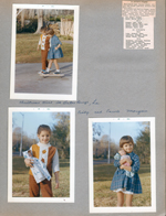 pictures from The Morgans in Baton Rouge - Cindy and Carole Morgan - dolls and skateboard. newspaper Birth announcement - Glen and Pat for Nancy