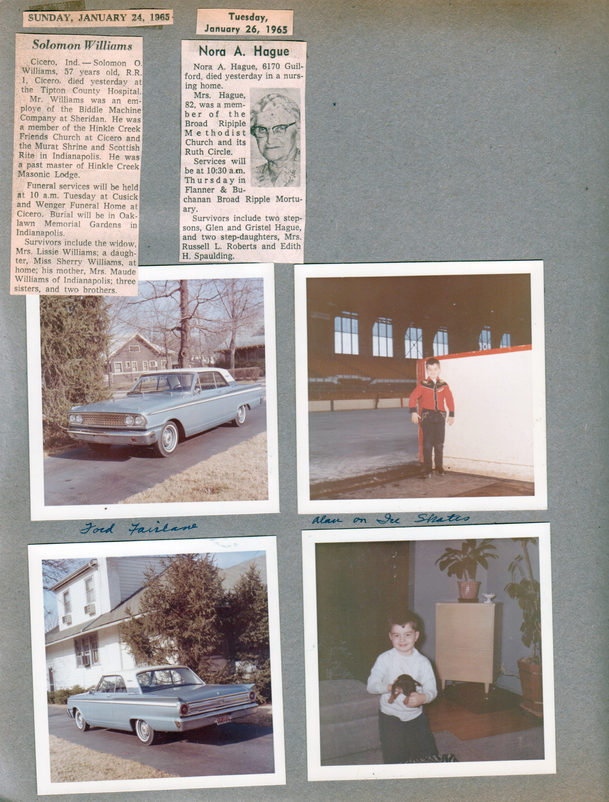 newspaper clipping - Nora Hague obit. and Solomon Williams obit (Flora's brother). 6122 driveway Ford Fairlane. Alan at coliseum skating rink. Alan 6122 living room with puppy.