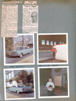 newspaper clipping - Nora Hague obit. and Solomon Williams obit (Flora's brother). 6122 driveway Ford Fairlane. Alan at coliseum skating rink. Alan 6122 living room with puppy.