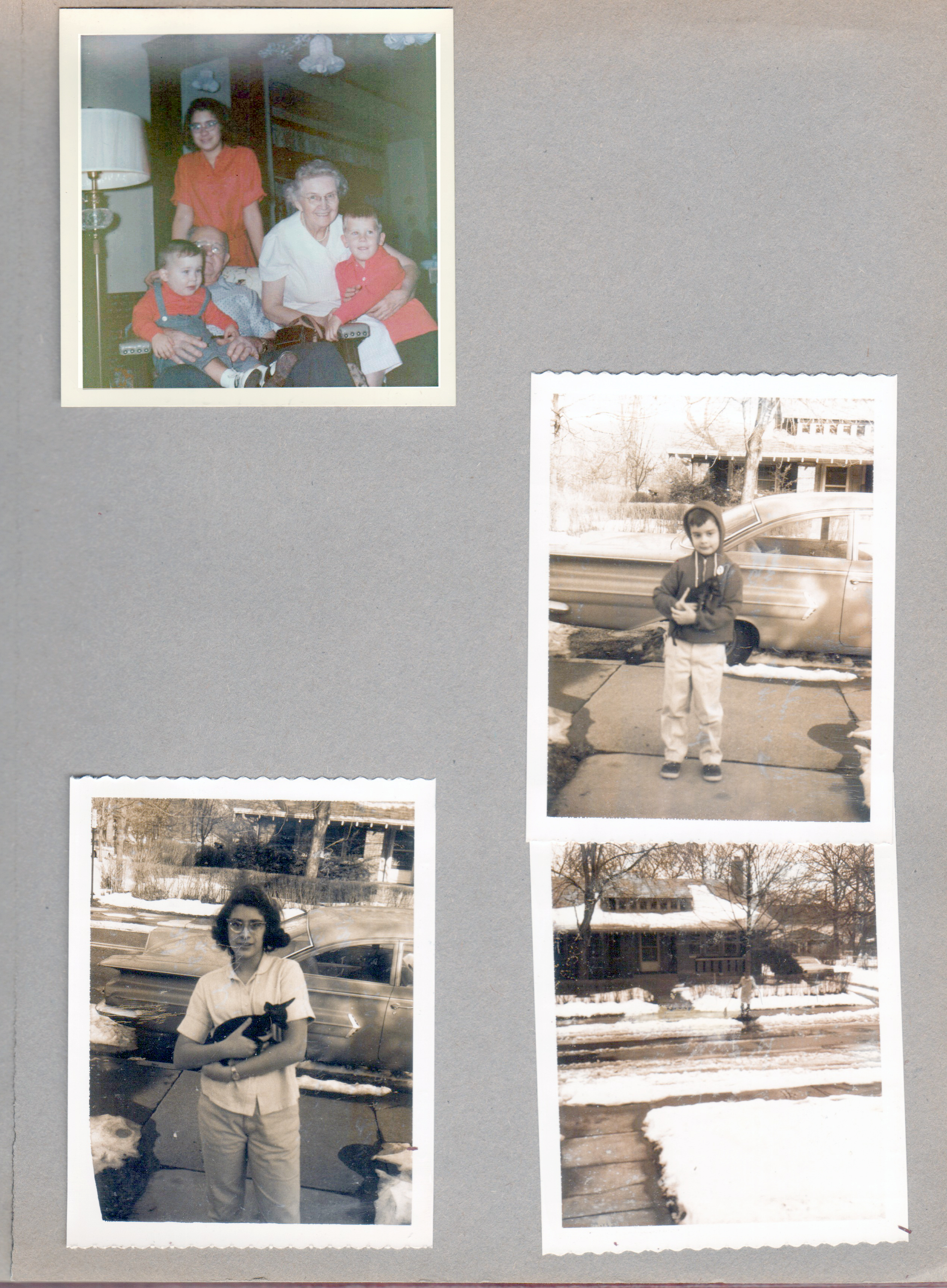 3845 Capitol - Kenny, Curt, Susan, Vonnie, Ronnie. on Carrollton 6122 Alan and Susan with puppy. Maybe Flora Brawner clearing snow from sewer.