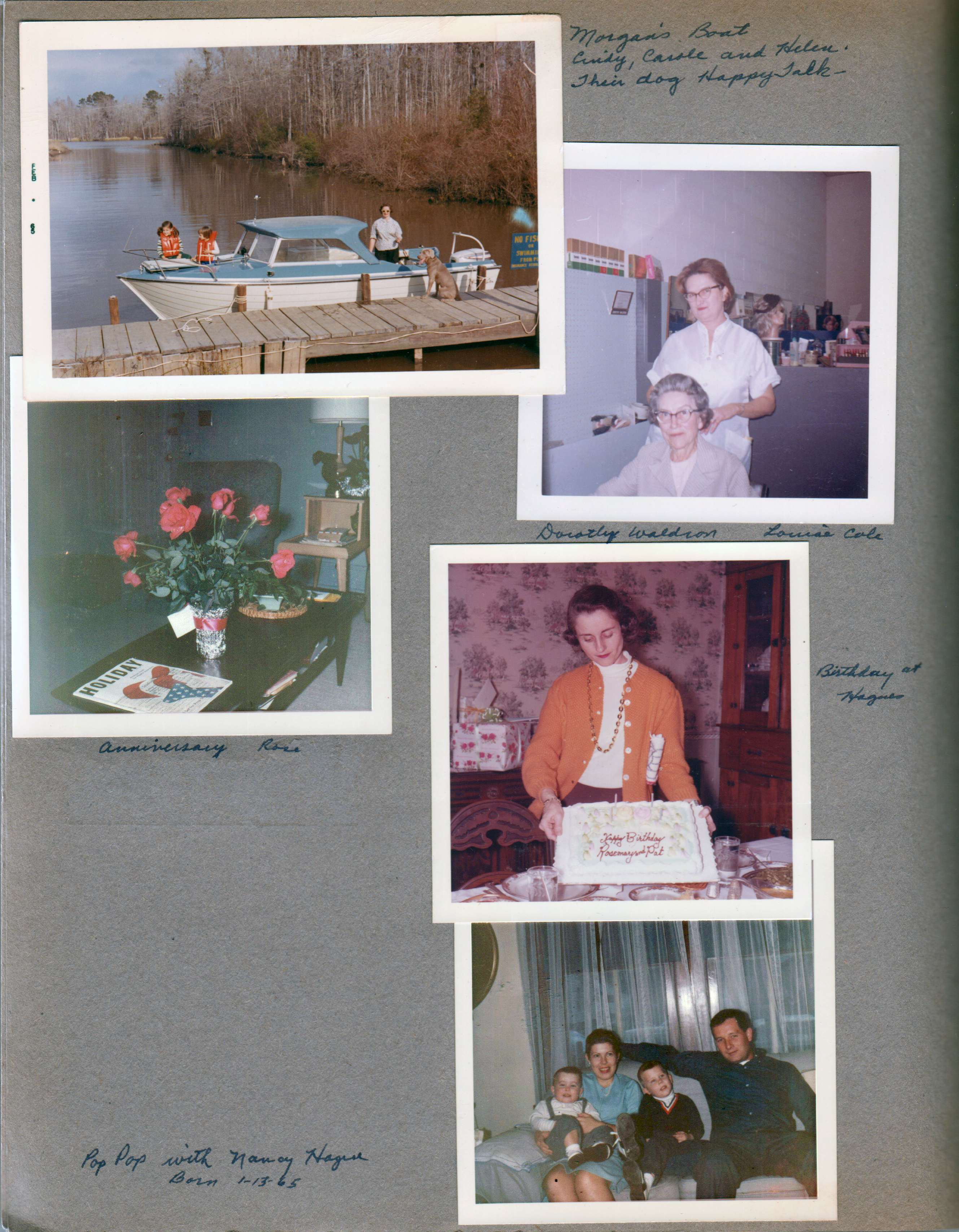 The Morgan's boat - Cindy, Carole, Helen and Happy Talk. Dorothy Waldron salon with Louise Cole in chair. 6122 living room - anniversary roses on coffee table. Rosemary with cake at 8815 - Happy Birthday Rosemary and Pat. 3845 Kenny, Betty, Ronnie and Dave on sofa.