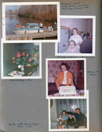 The Morgan's boat - Cindy, Carole, Helen and Happy Talk. Dorothy Waldron salon with Louise Cole in chair. 6122 living room - anniversary roses on coffee table. Rosemary with cake at 8815 - Happy Birthday Rosemary and Pat. 3845 Kenny, Betty, Ronnie and Dave on sofa.