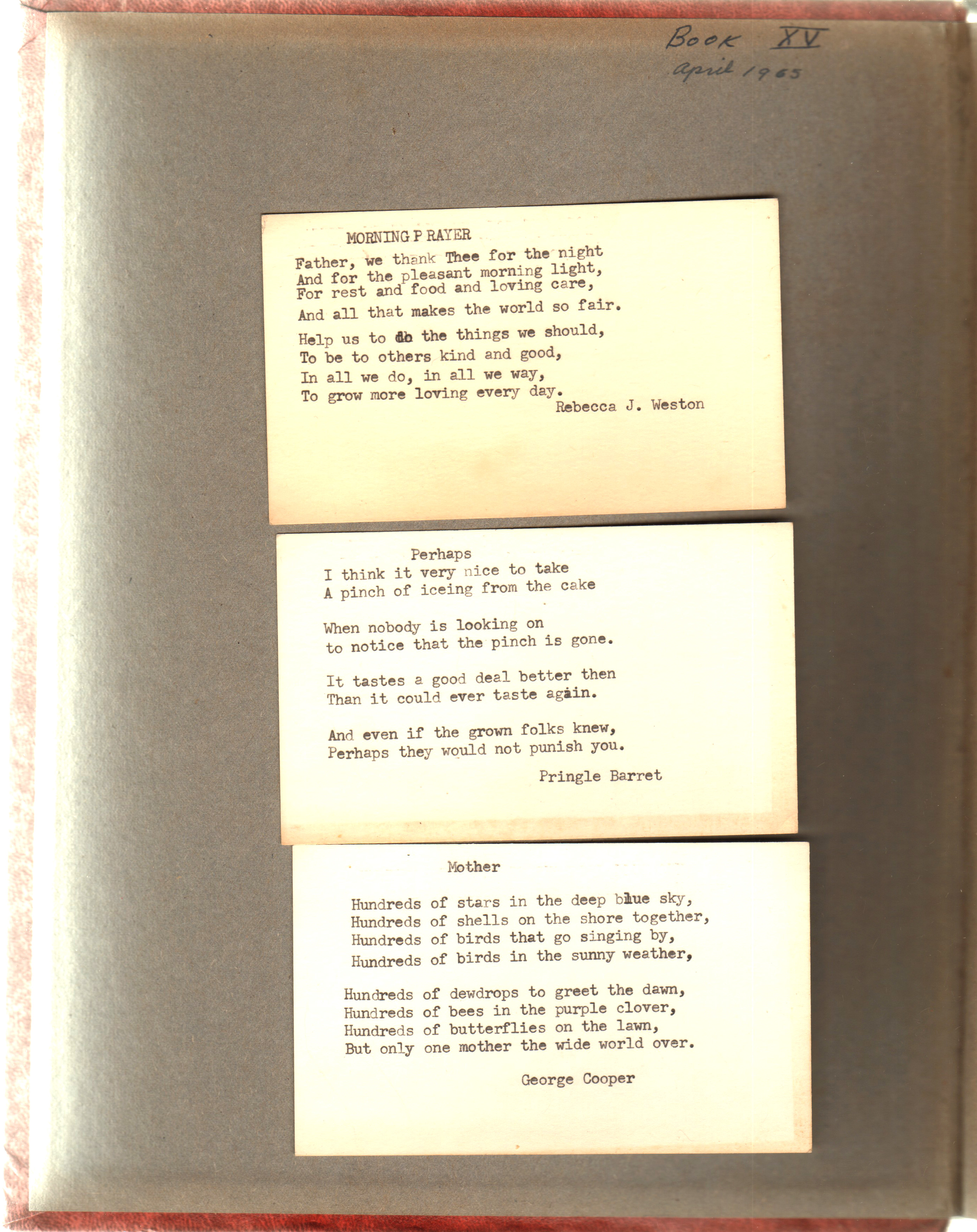 Title page - 3x5 cards with poems - Morning Prayer - Perhaps - Mother