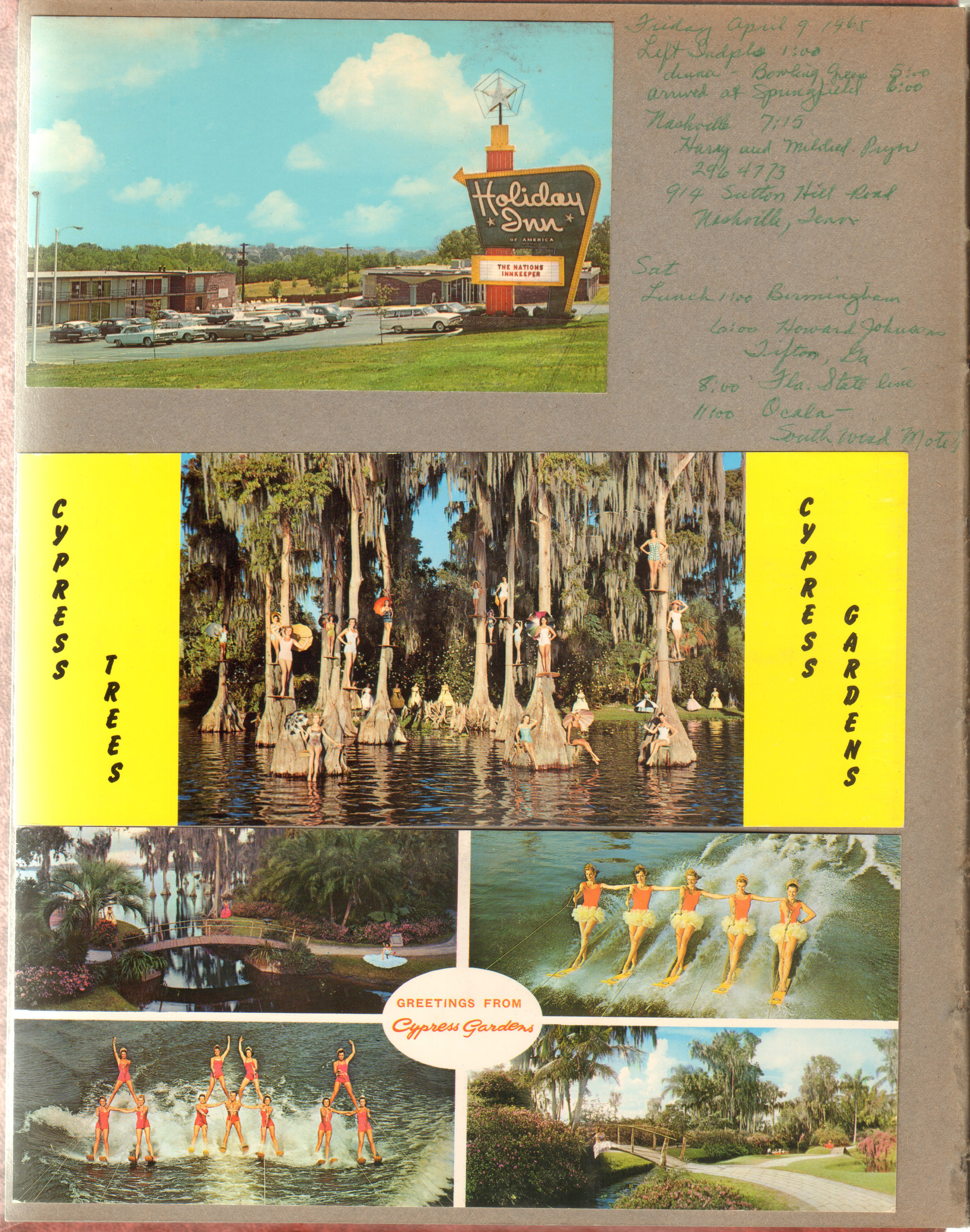 Postcard 3DK-879 - Holiday Inn, Columbia, TN. Postcard C-15356-647 - Cypress Gardens - Cypress trees. Postcard - Cypress Gardens