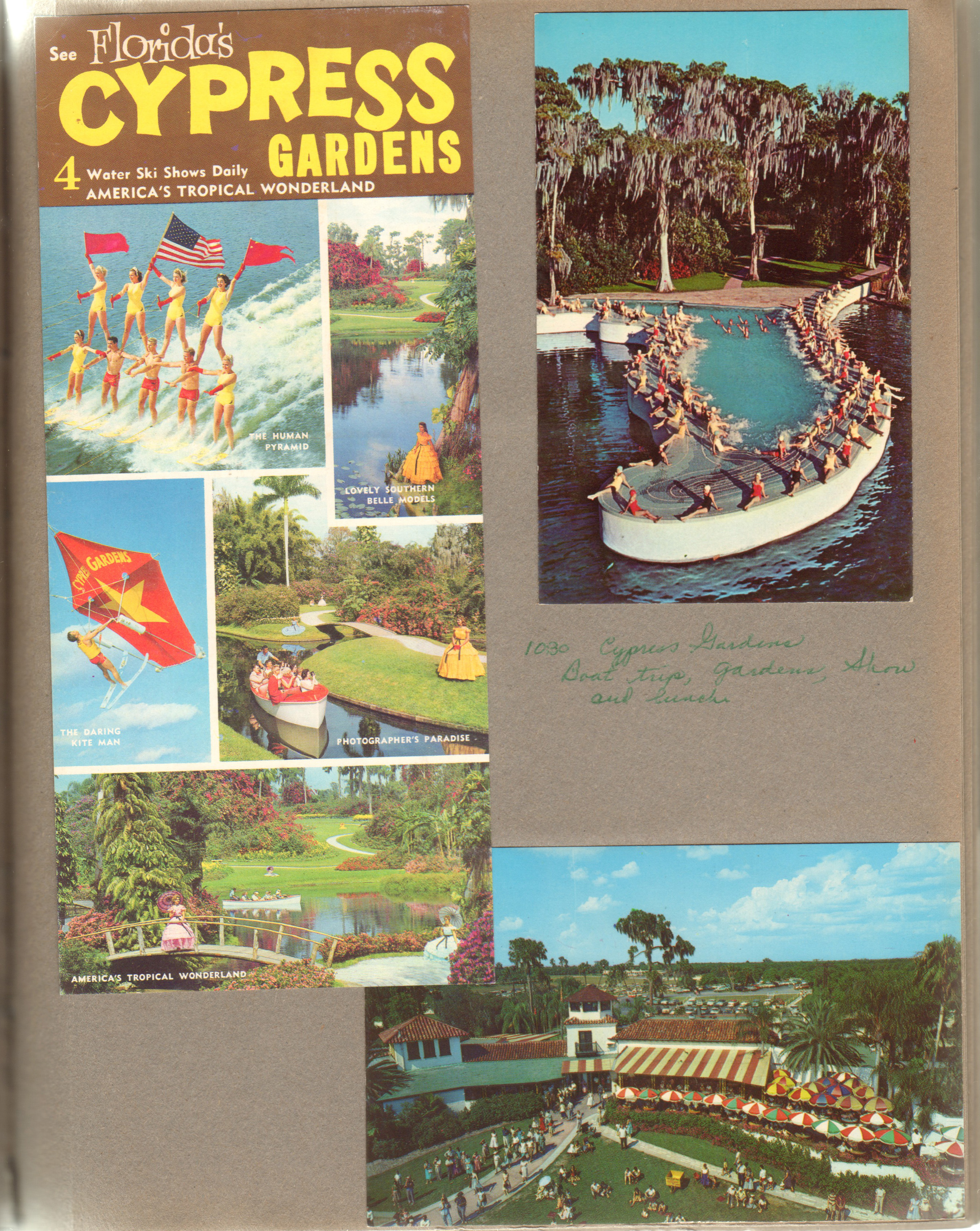 Cypress Gardens - brochure. Postcard CK.51 9C-K1039- Cypress Gardens - Esther Williams Florida swimming pool. Postcard FNC-4037 48125- Cypress Gardens terrace