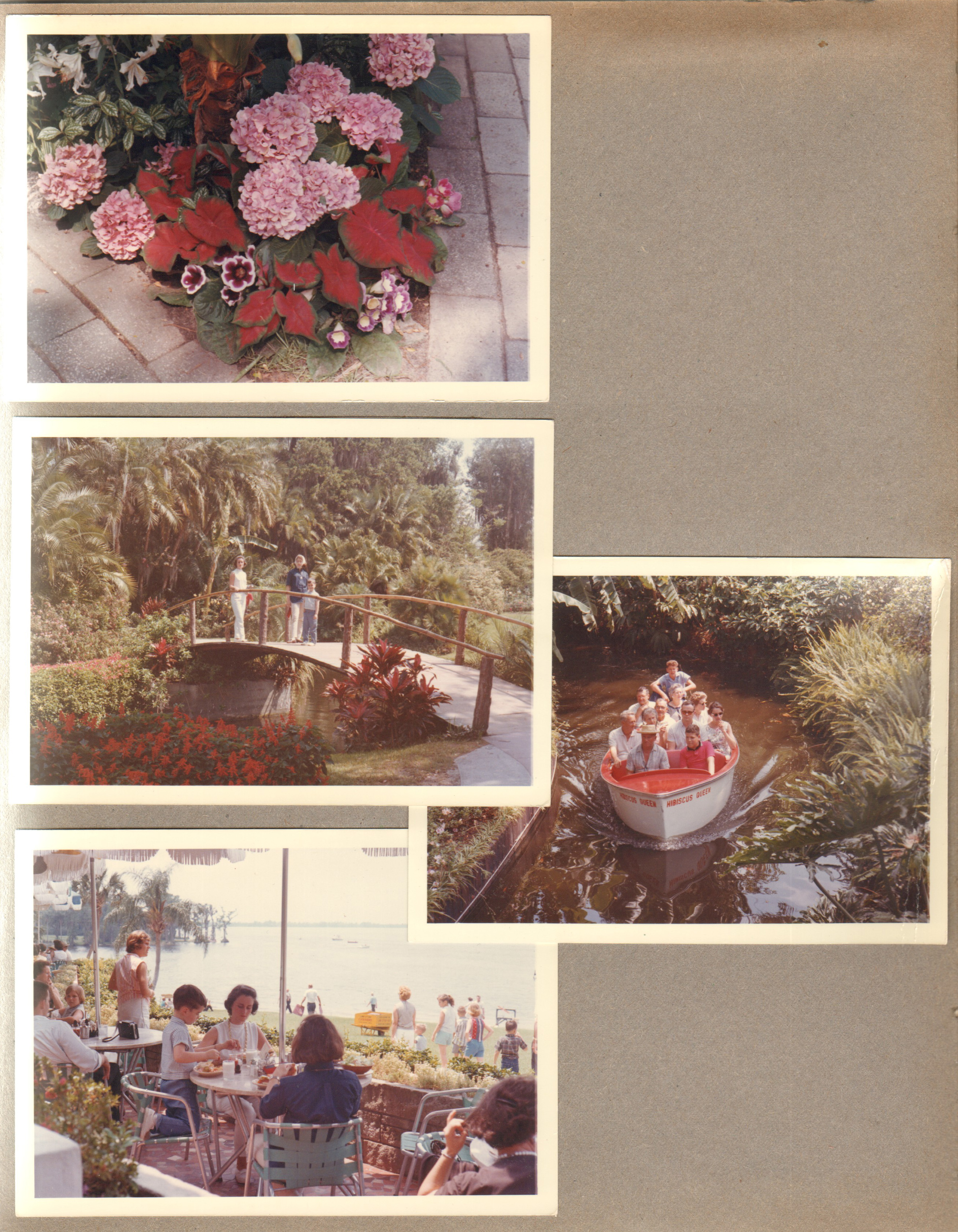 Cypress Gardens - Ocala, FL - Flowers. Rosemary, Susan and Alan on bridge. People on boat ride. Lunch.