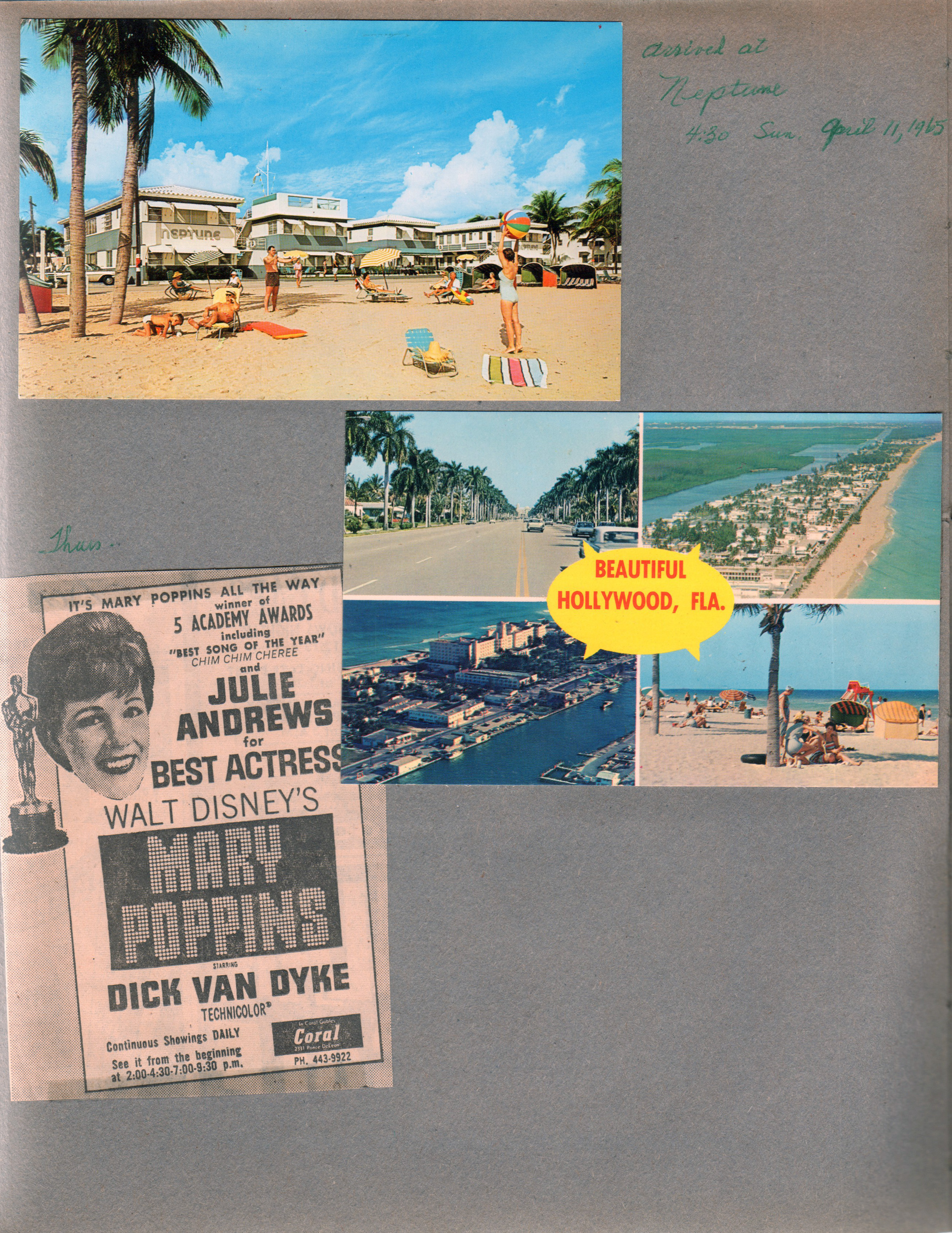 Hollywood Beach - Neptune Apartments - Postcard 59478-B - Neptune. Postcard P59990 - Beautiful Hollywood, Fla. newspaper clipping - Mary Poppins at Coral.