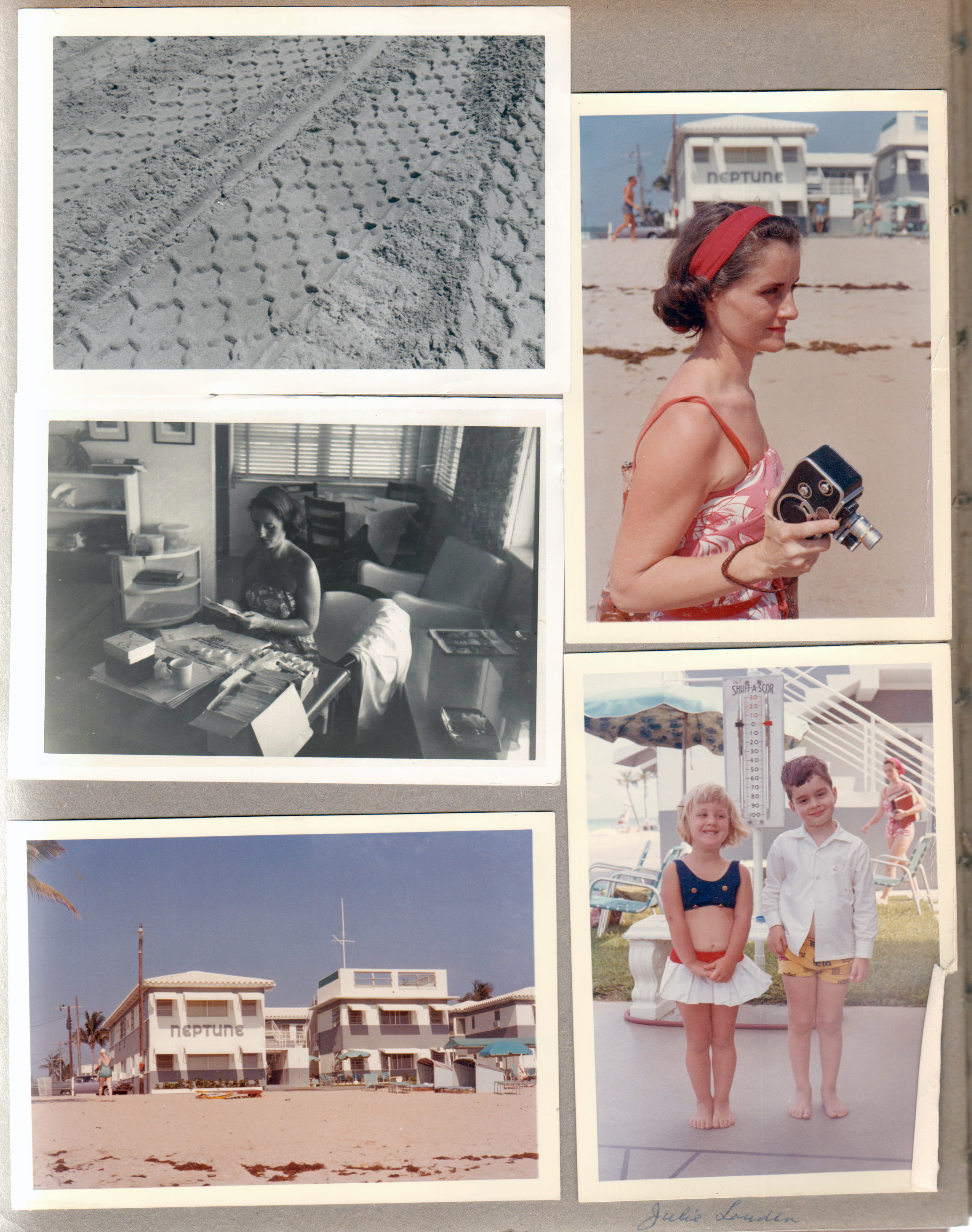 Hollywood Beach - Neptune Apartments - tire tracks on beach. Rosemary on beach with Bolex 8mm camera with Neptune behind. Rosemary making tatted notes in apt. South end of Neptune. Alan and Juli Louden on shuffleboard court - Rosemary with photo albums behind.