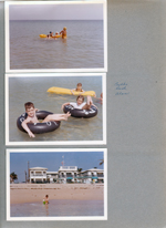 Hollywood Beach - Neptune Apartments - in ocean. Alan, Beth, Bobbi. Alan at water with Neptune behind.
