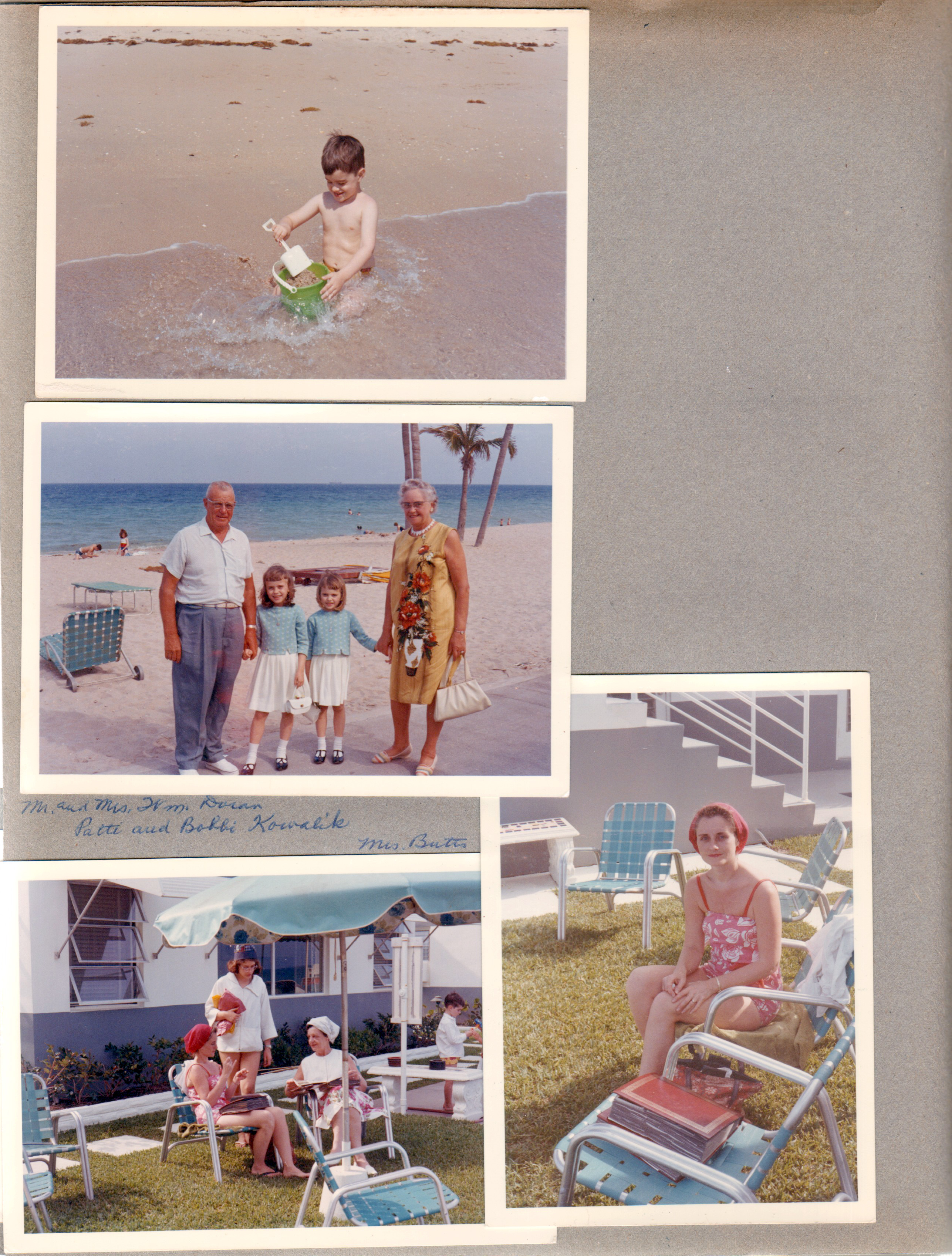 Hollywood Beach - Neptune Apartments - Alan at water with shovel and pail. Mr and Mrs Wm Doran with Patti and Bobbi Kowalik. Mrs Butts. Rosemary on courtyard with photo albums.