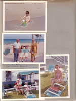 Hollywood Beach - Neptune Apartments - Alan at water with shovel and pail. Mr and Mrs Wm Doran with Patti and Bobbi Kowalik. Mrs Butts. Rosemary on courtyard with photo albums.