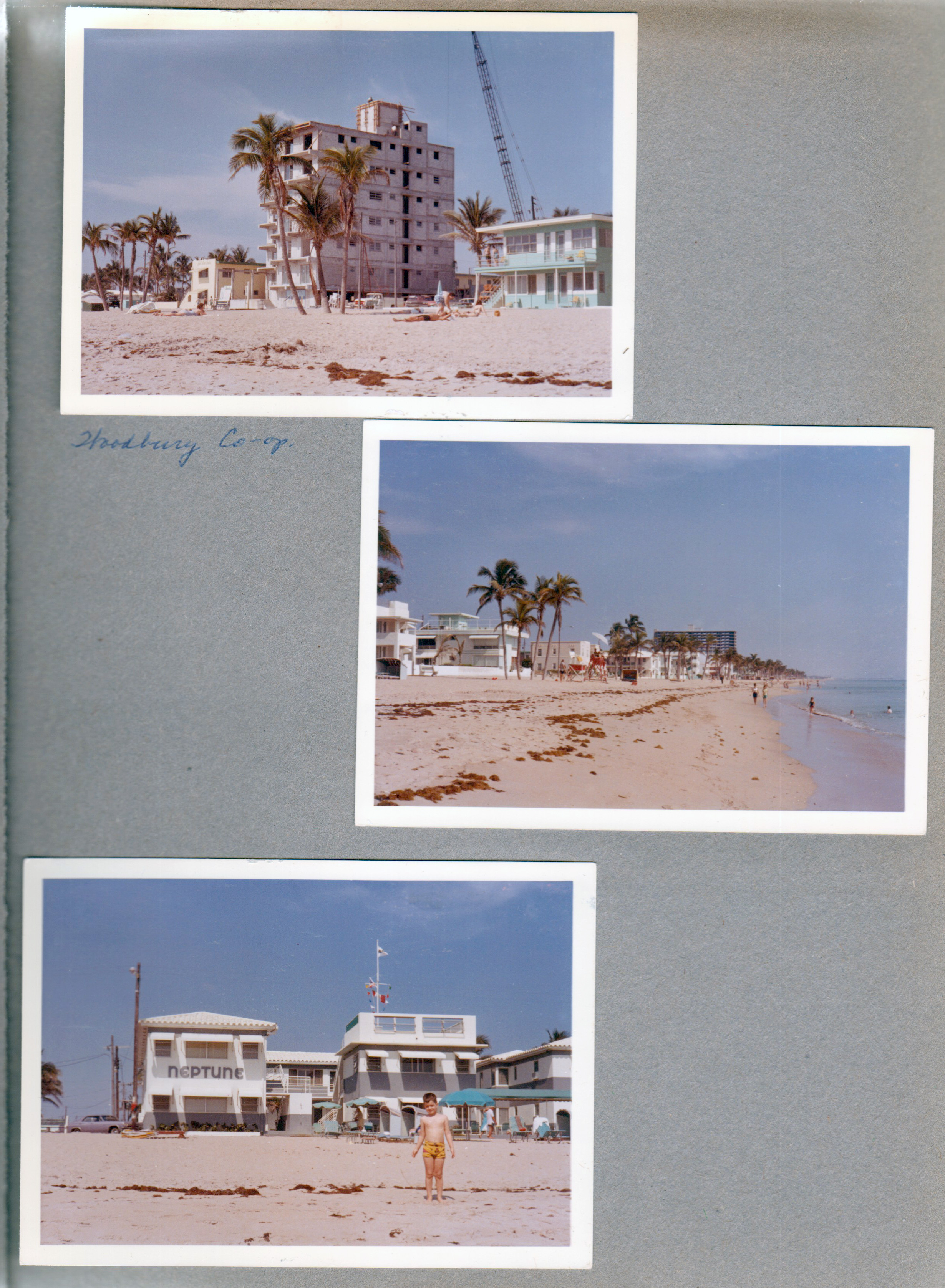 Hollywood Beach - Neptune Apartments - Woodbury Co-op (mosaic). Looking north from Neptune beach. Alan on beach south end of Neptune - sundeck.