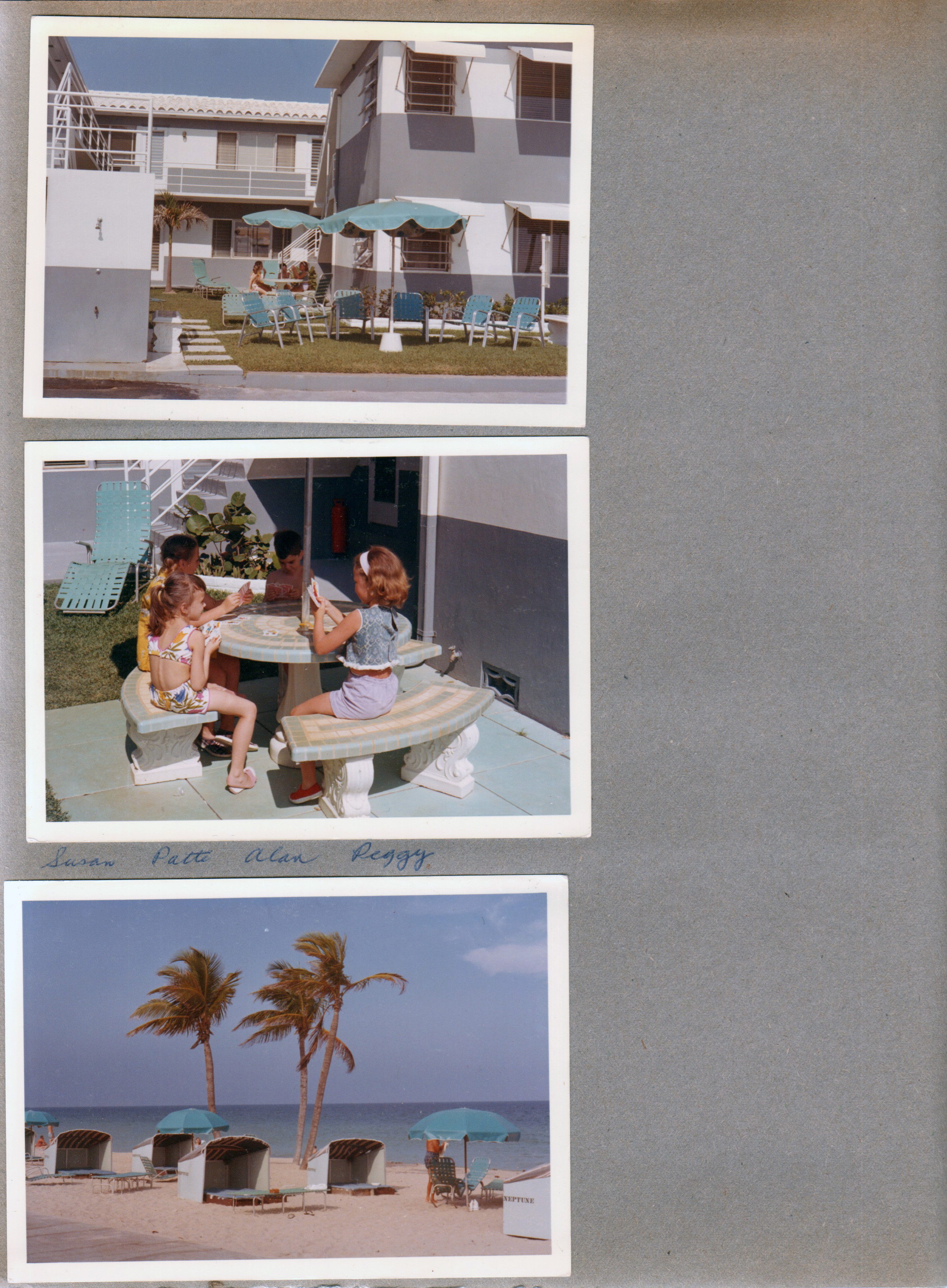 Hollywood Beach - Neptune Apartments -  south courtyard - Susan, Patti, Alan and Peggy playing cars at round tile table. Beach with palm trees and cabanas