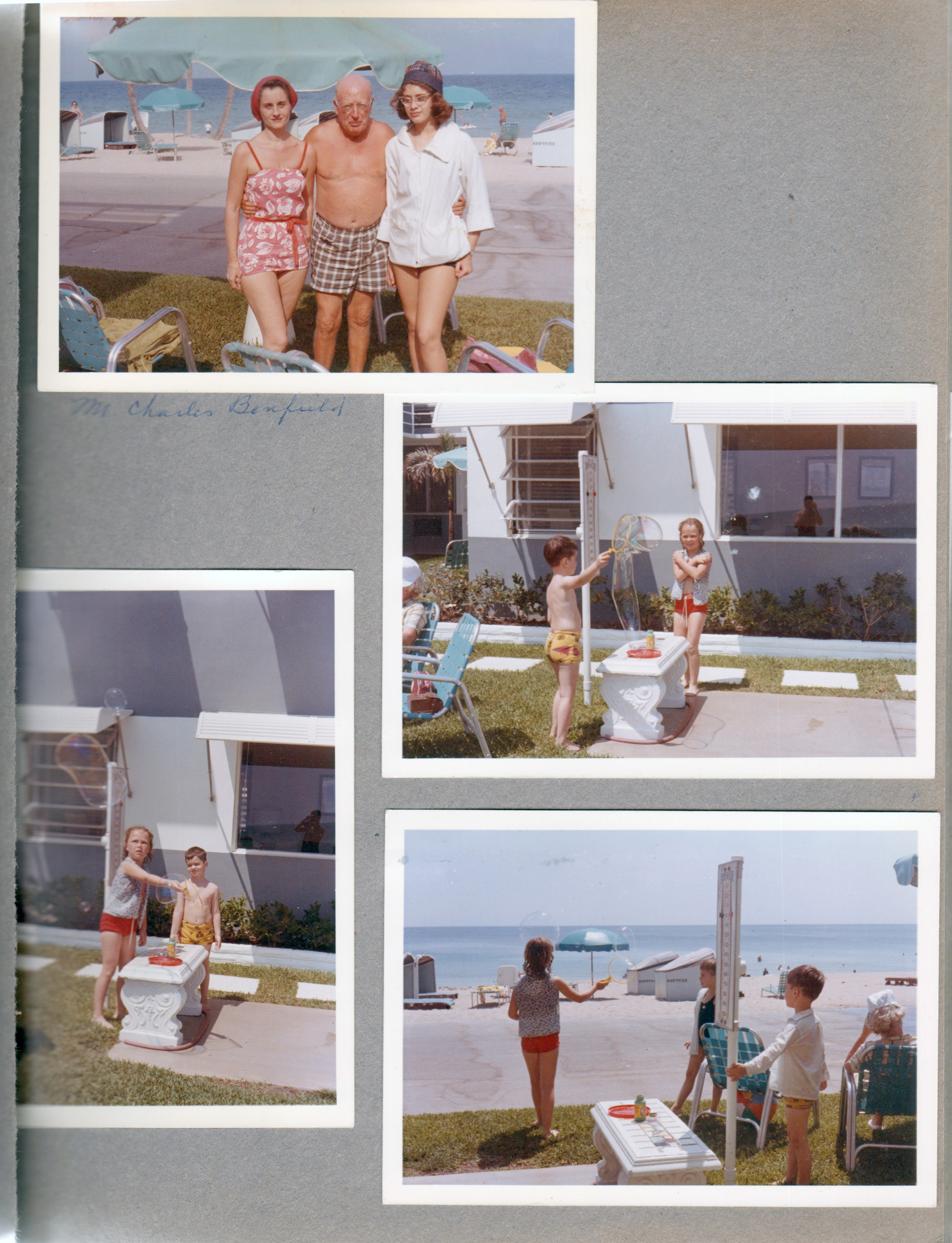 Hollywood Beach - Neptune Apartments - Rosemary, Charles Benfield and Susan. Alan and girl making giant bubbles on shuffleboard court.