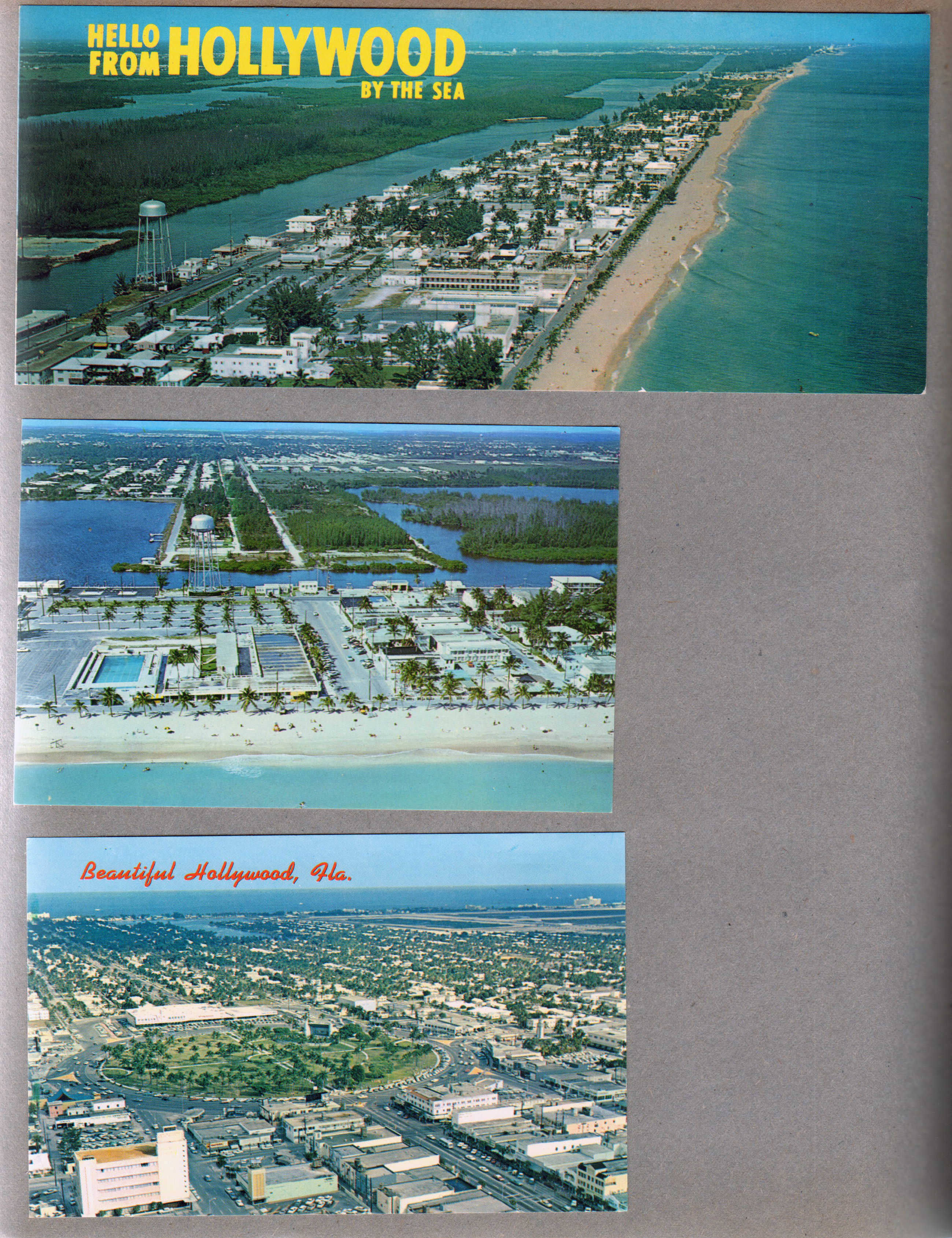 Hollywood Beach - Postcard P31252 - Hello from Hollywood By The Sea. Postcard FNC-4291 46363 - Looking west on Johnson Street aerial. Postcard P53436 - Beautiful Hollywood, Fla. circle