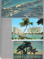 Hollywood Beach - Postcard P55028 - Hi from Hollywood, Fla - aerial Intracoastal, beautiful Hollywood beaches at dusk. Postcard 2CX16 - Fontainebleau Hotel - Miami Beach. Postcard FG-1 1079 - A Florida sunrise (palm trees). 