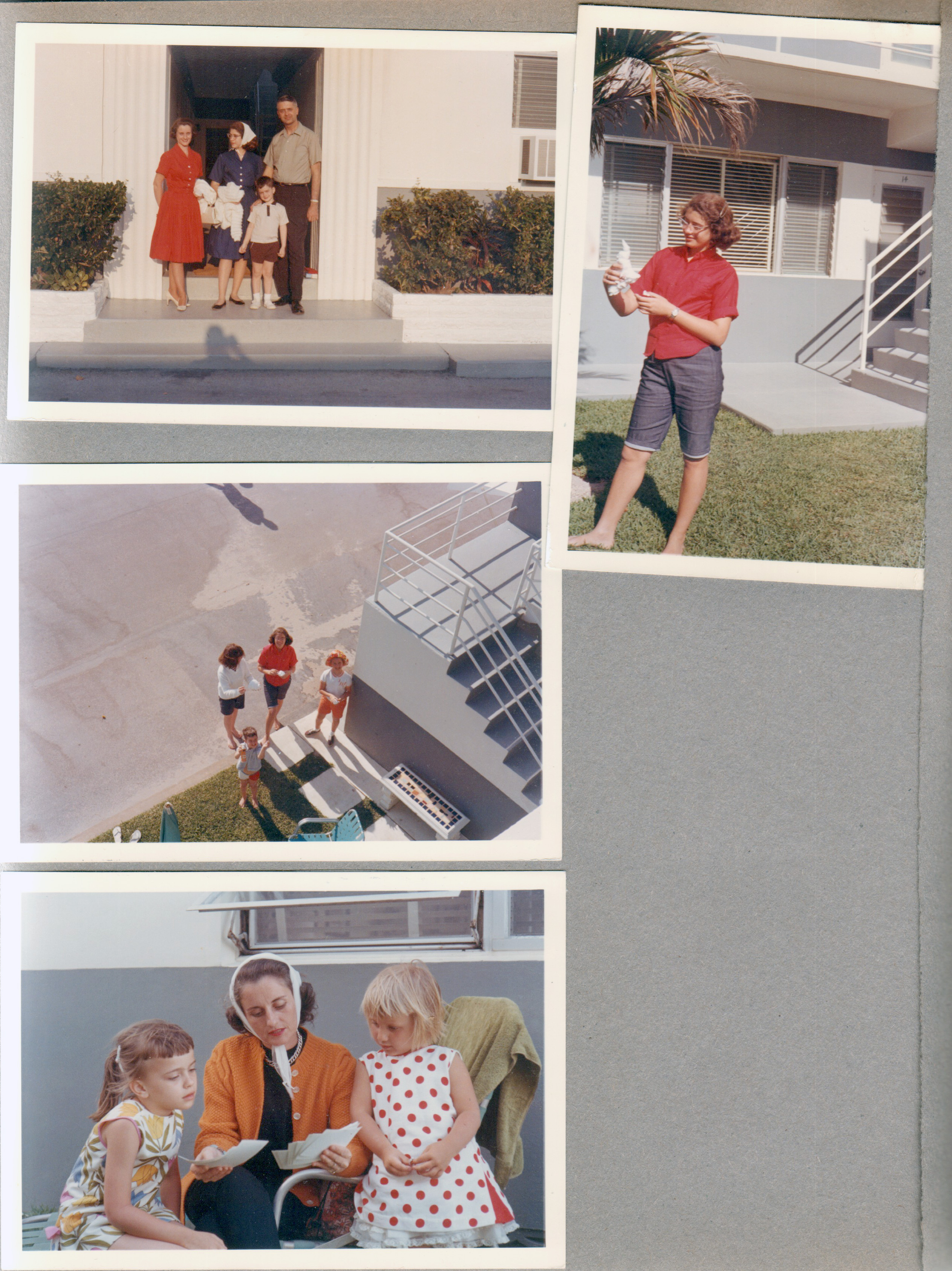 Hollywood Beach - Neptune Apartments - Surf Road entrance - Rosemary, Susan, Alan John. Susan in with courtyard with foam (probably Crazy Foam), Alan with Crazy Foam can, Susan and girls on broadwalk - maybe taken from sundeck. Rosemary showing pictures to girls.