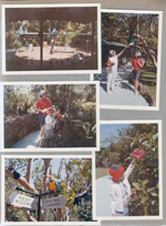 Florida - Parrot Jungle - Miami - Parrot show. Rosemary and Susan feeding parrot. Susan and Alan on bridge. with flower. Parrot on sign.