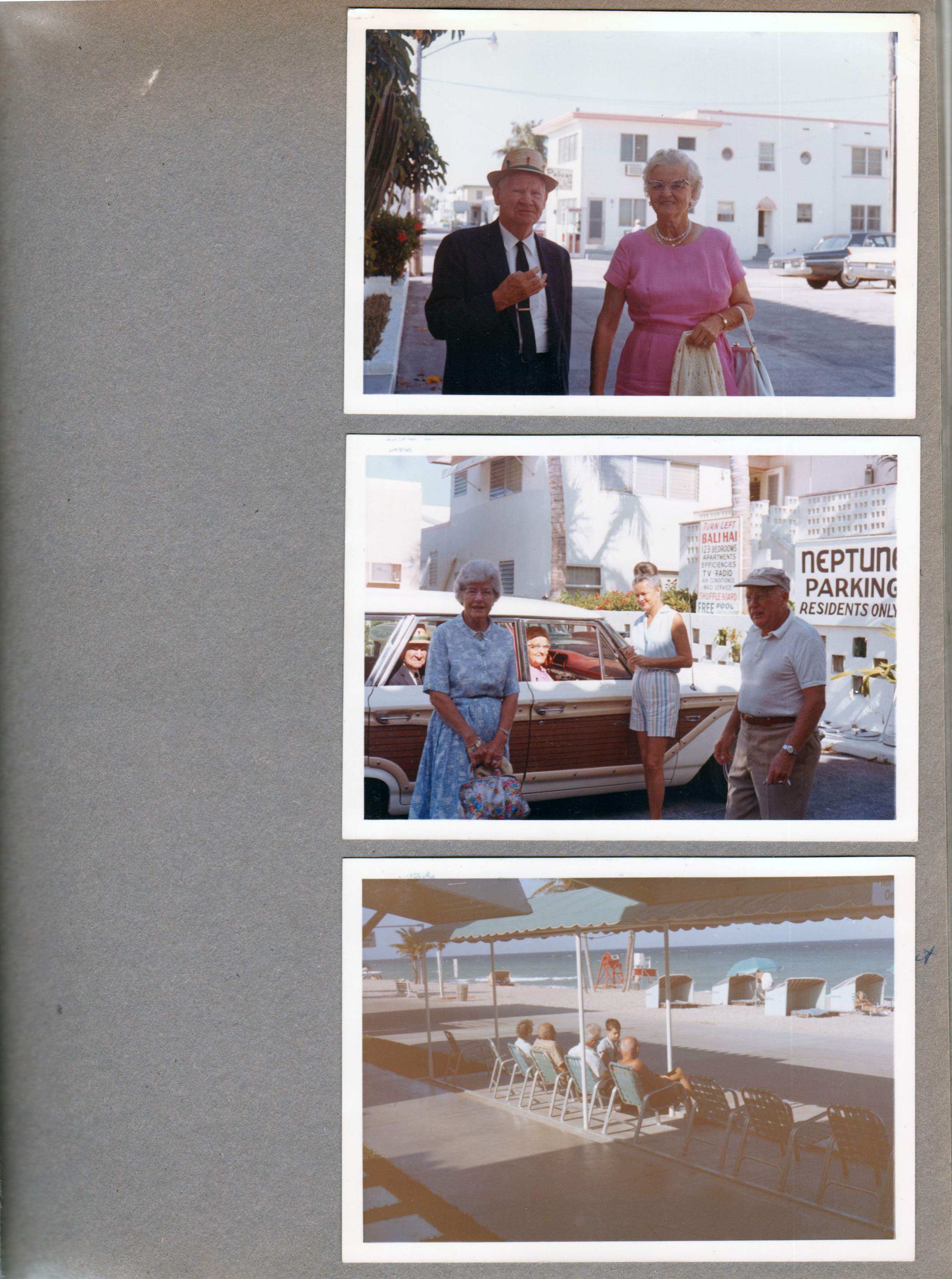Hollywood Beach - Neptune - Irma's parents - Mr and Mrs Hart. Agnes and Charles Benfield, Mr and Mrs Hart - on Broadwalk and parking lot in car. Chairs on broadwalk - Gwen, Wally, Paul, Mr Herbert Ball, Alan.
