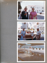 Hollywood Beach - Neptune - Irma's parents - Mr and Mrs Hart. Agnes and Charles Benfield, Mr and Mrs Hart - on Broadwalk and parking lot in car. Chairs on broadwalk - Gwen, Wally, Paul, Mr Herbert Ball, Alan.