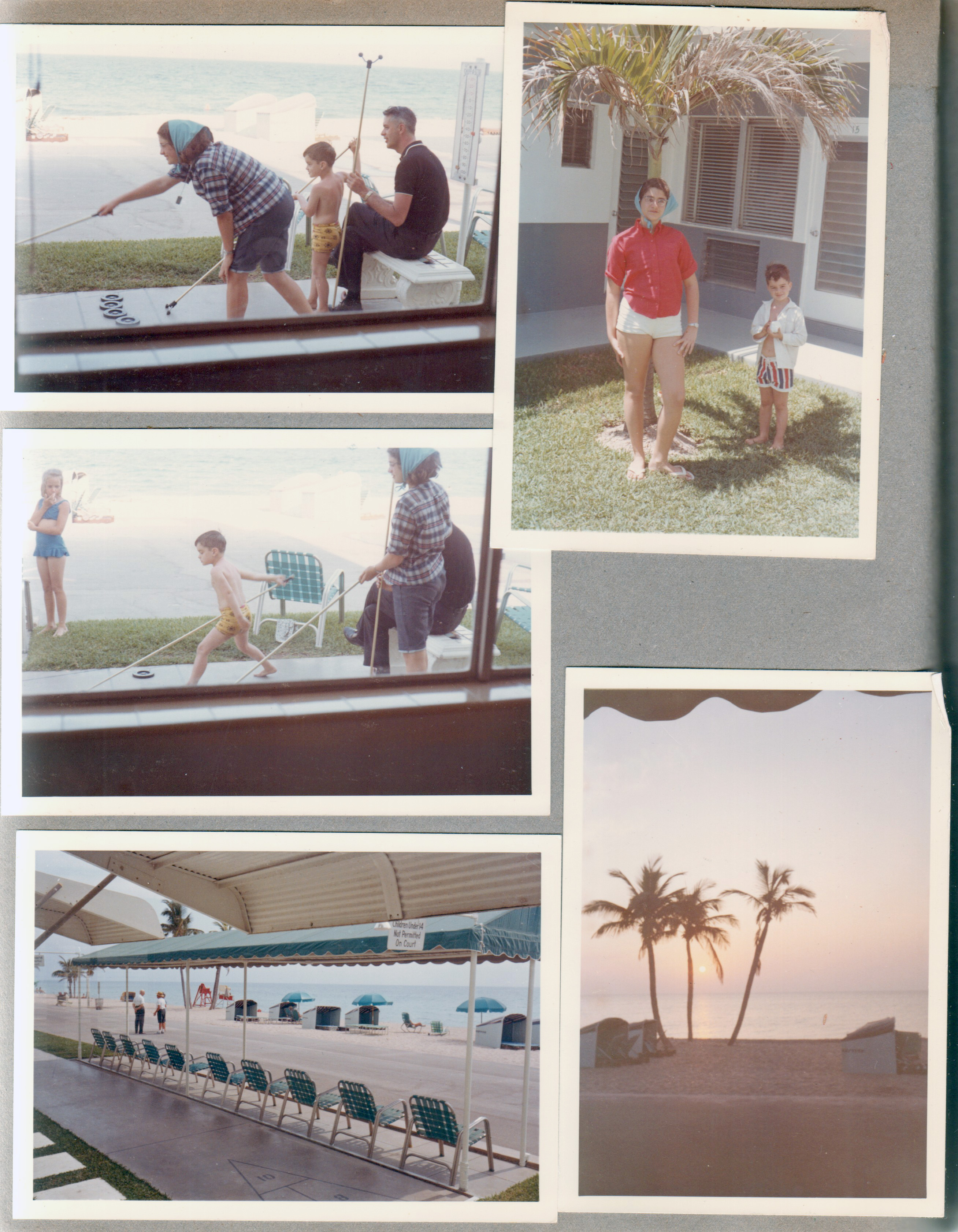 Hollywood Beach - Neptune - Susan, Alan and John shuffleboard. Susan and Alan by small palm tree in south courtyard. Chairs under awning on Broadwalk. Sunrise.