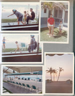Hollywood Beach - Neptune - Susan, Alan and John shuffleboard. Susan and Alan by small palm tree in south courtyard. Chairs under awning on Broadwalk. Sunrise.