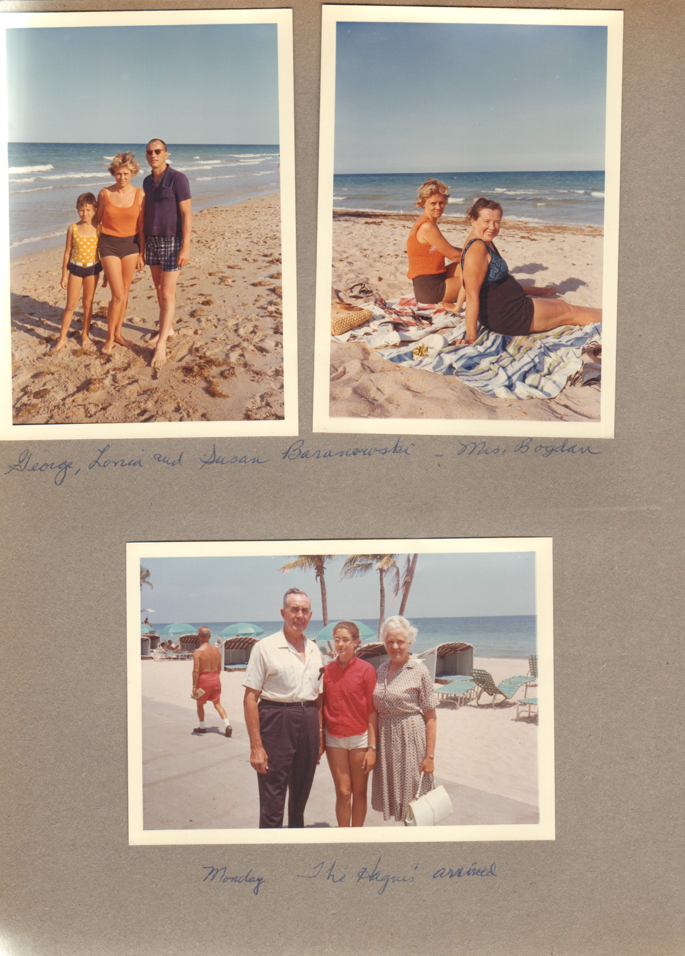 Hollywood Beach - Neptune - George, Lonia (?) and Susan Baranowski on beach. Mrs Bogdan. The Hagues arrived - Girstle, Susan and Helen.