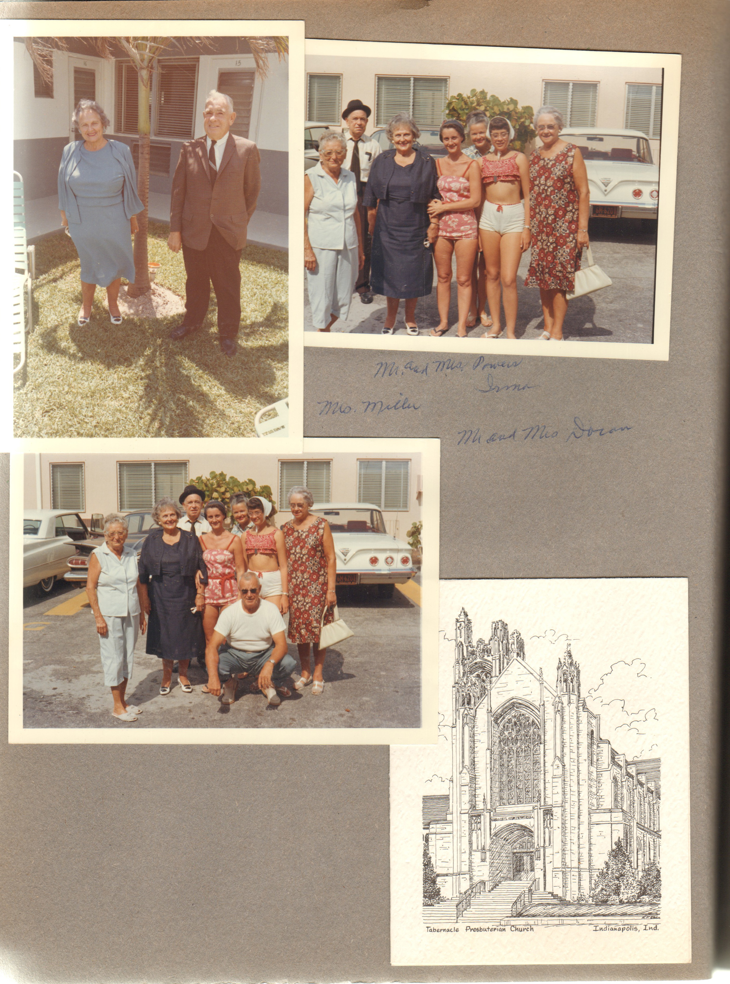 Hollywood Beach - Neptune - Mr and Mrs Powers. Mrs Miller, Mr and Mrs Powers, Rosemary, Irma Davis, Susan, Mrs and Mrs Doran - parking lot. Tabernacle Presbyterian Church notecard.