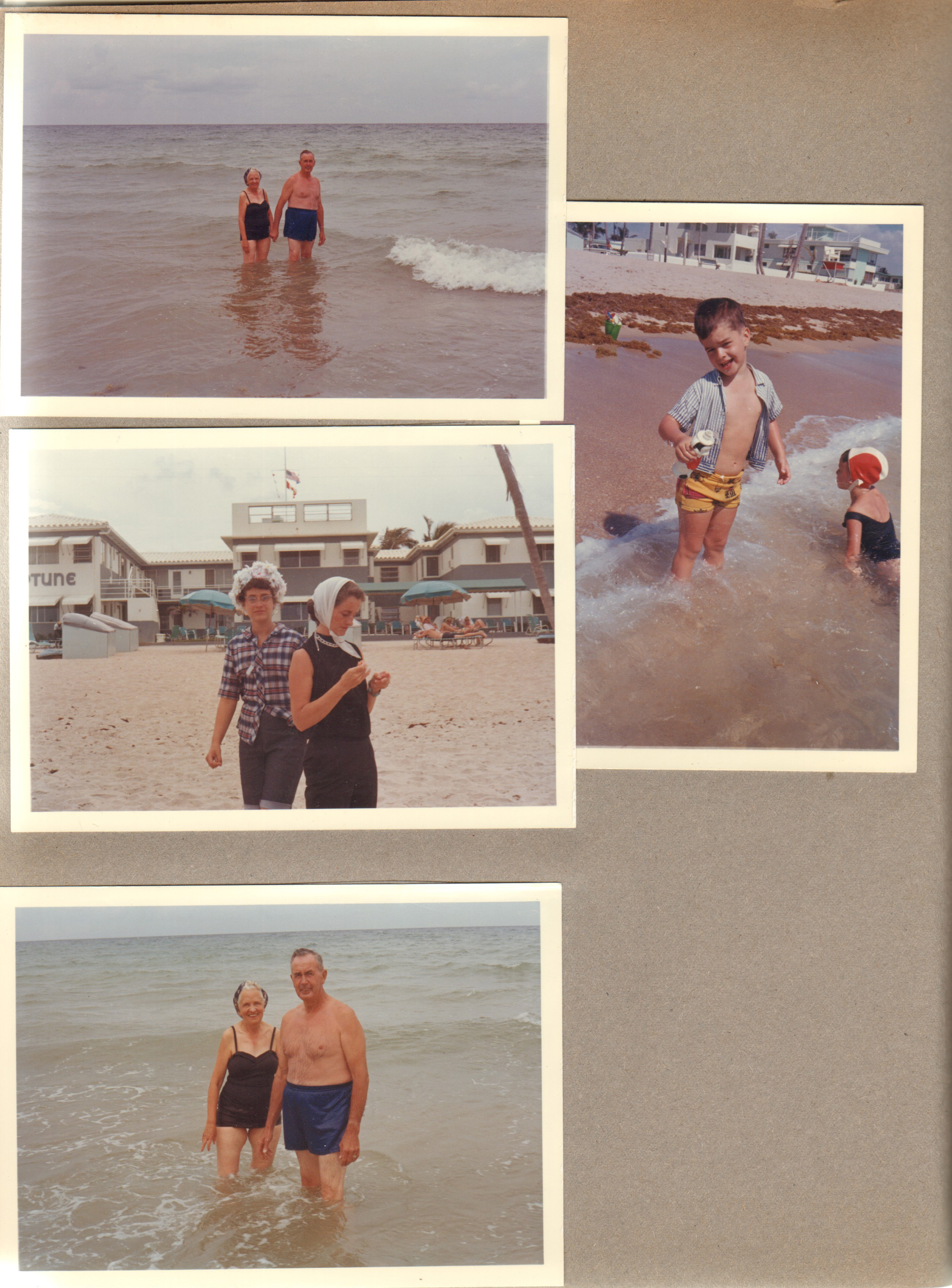 Hollywood Beach - Neptune - Girstle and Helen in ocean. Alan in surf. Susan and Rosemary at water - Neptune sundeck behind.
