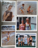 Hollywood Beach - Neptune - Rosemary with shells on beach. Alan and Girstle in ocean. Rosemary and Gloria Doran (April 21, 1965). Alan in ocean with Mickey Mouse Soaky bubble bath bottle. Susan, Gloria, Agnes Benfield, Rosemary, Bill Doran.