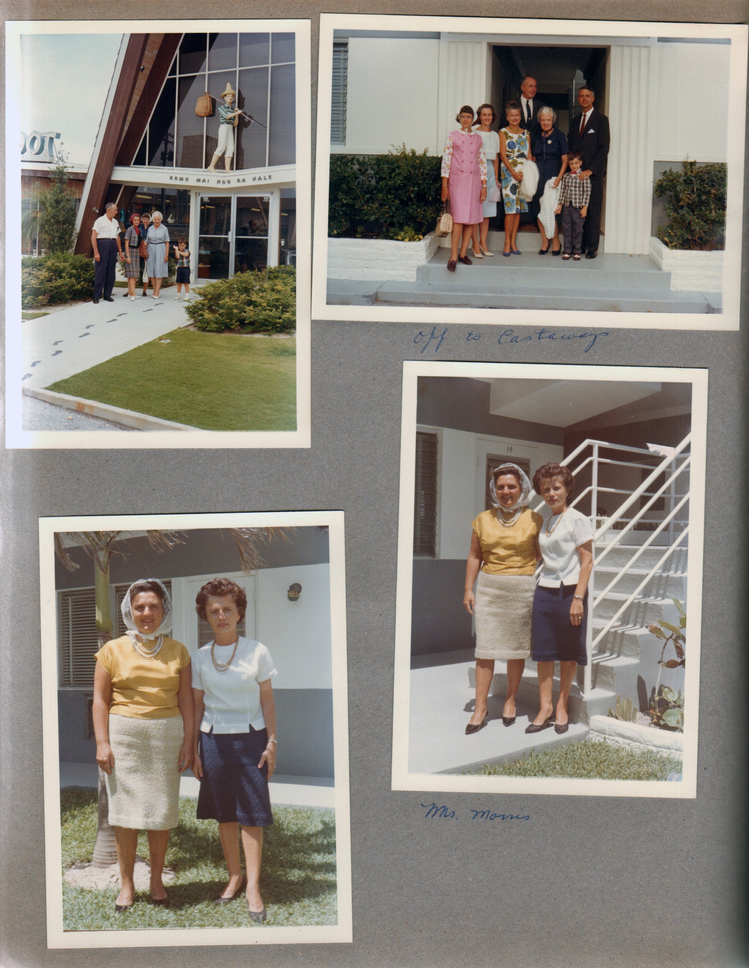 Girstle, Rosemary, Susan, Helen and Alan at entrance of Barefoot Trader restaurant, Pompano Beach. Hollywood Beach - Neptune -  Surf Road Susan, Rosemary, Irma, Girstle, Helen, Alan, John. In courtyard - Ms Morris.