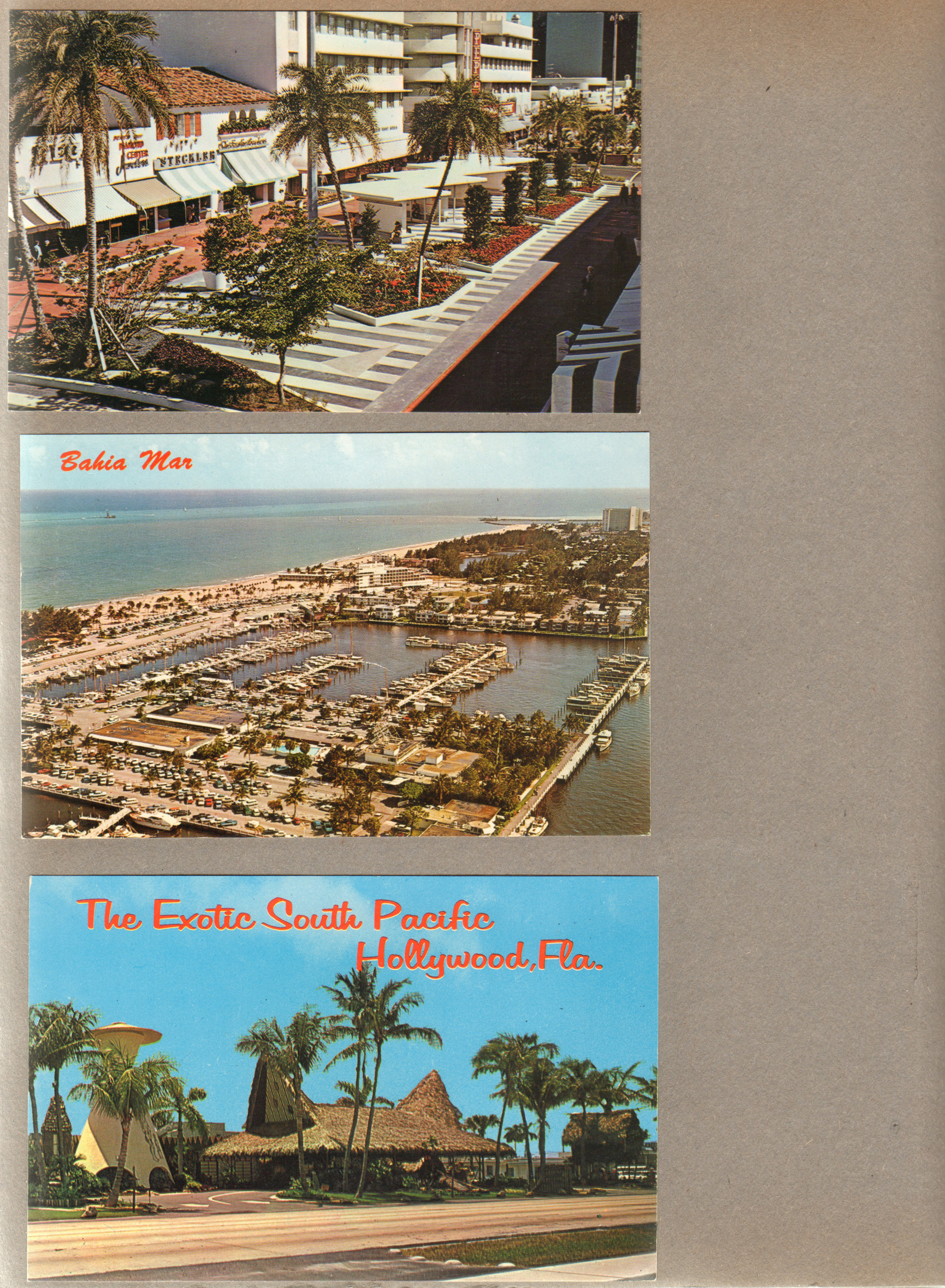 Postcard FNC 4444 57363 - The New Lincoln Mall, Miami Beach. Postcard MF1 21132 - Bahia Mar Ft Lauderdale aerial. Postcard P44113 - The Exotic South Pacific, Hollywood, Fla.